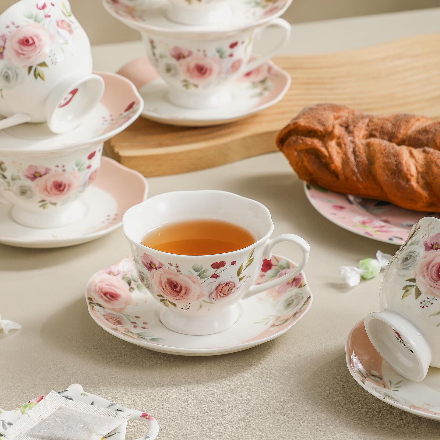 PRECITIME Floral Porcelain Tea Cup Set of 6 (12-Piece), 6 Cups & 6 Saucers with Rose Pattern, 6oz Scalloped Edge Coffee Cups, Dishwasher & Microwave Safe, Elegant Gift