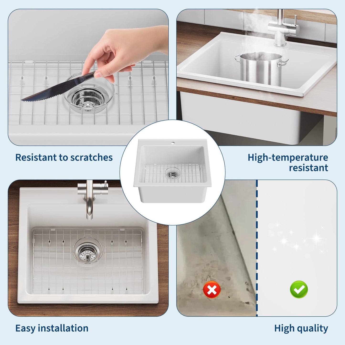 Kitchen Sink 24 Inch, Single Bowl Farmhouse Sink, Drop-in Mount, Fireclay Ceramic Basin for Kitchen, Laundry Room