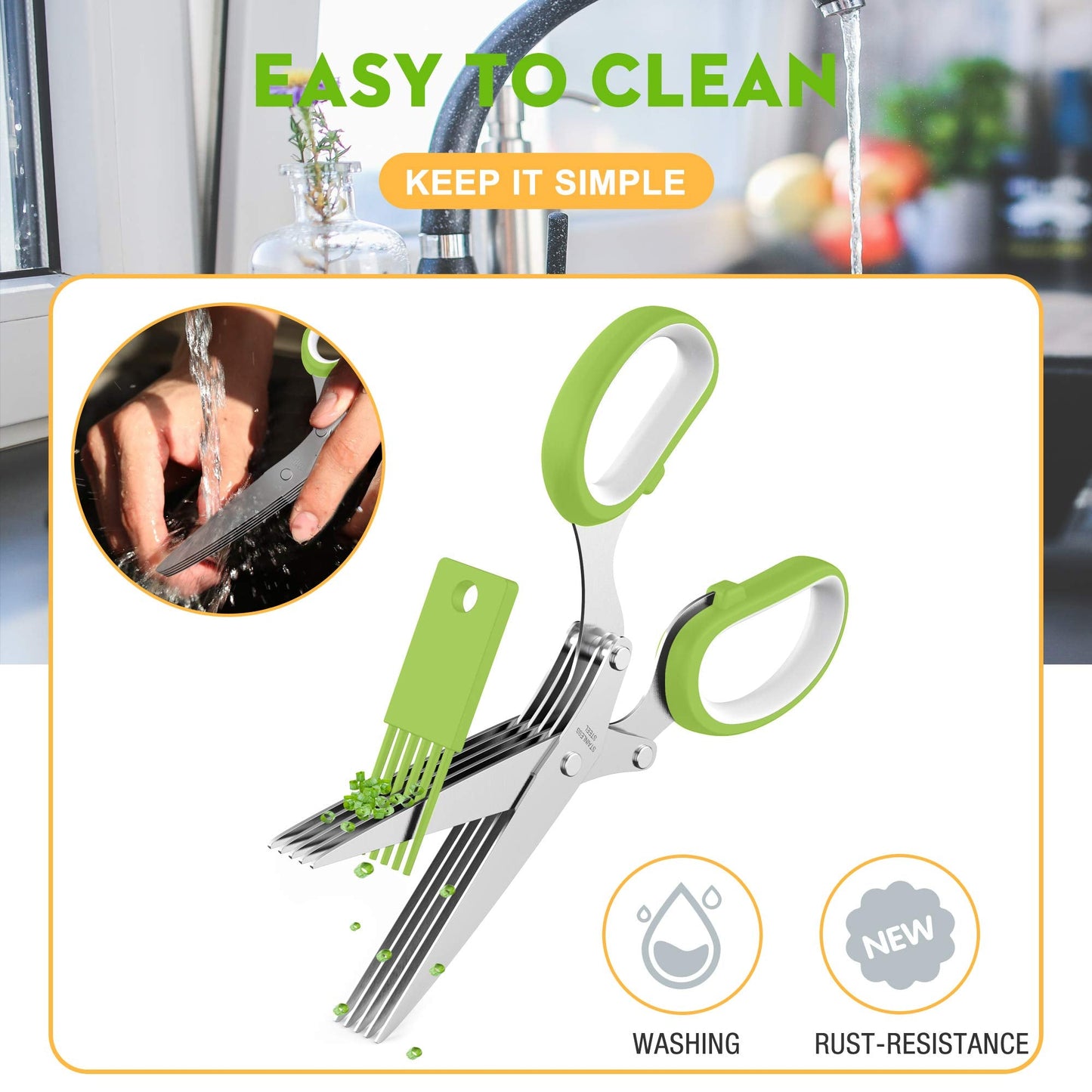 Herb Scissors with 5 Blades and Cover, Kitchen Herb Cutter with Cleaning Comb, Stainless Steel Multi Blade Herb Shears for Basil Parsley Cilantro, Easy Clean Cooking Tool, Unique Kitchen Gadgets Gift
