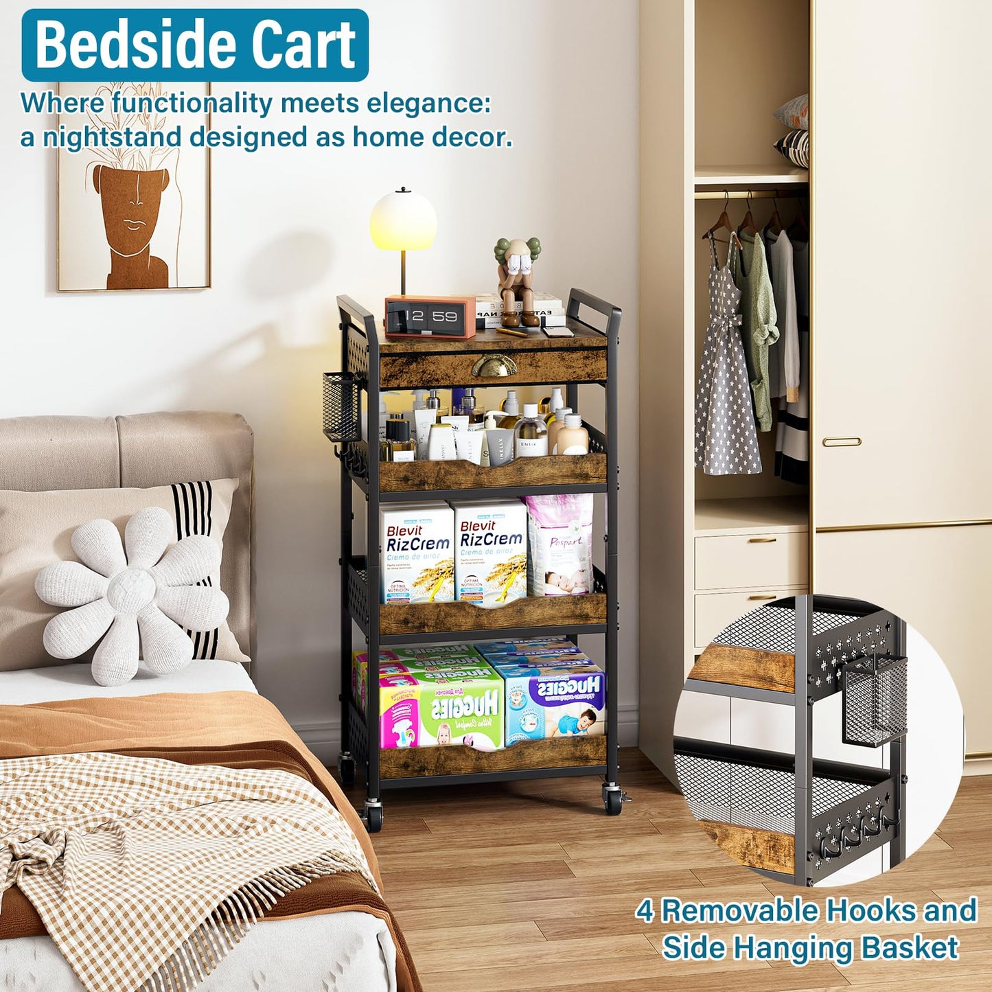 DYUTFZU 4-Tier Rolling Cart Organizer, Industrial Aesthetics Wood & Metal Utility Storage Cart with Pegboard, Drawer, Hanging Basket & Hooks for Kitchen, Craft Room, Bedroom, Bathroom, Coffee Station