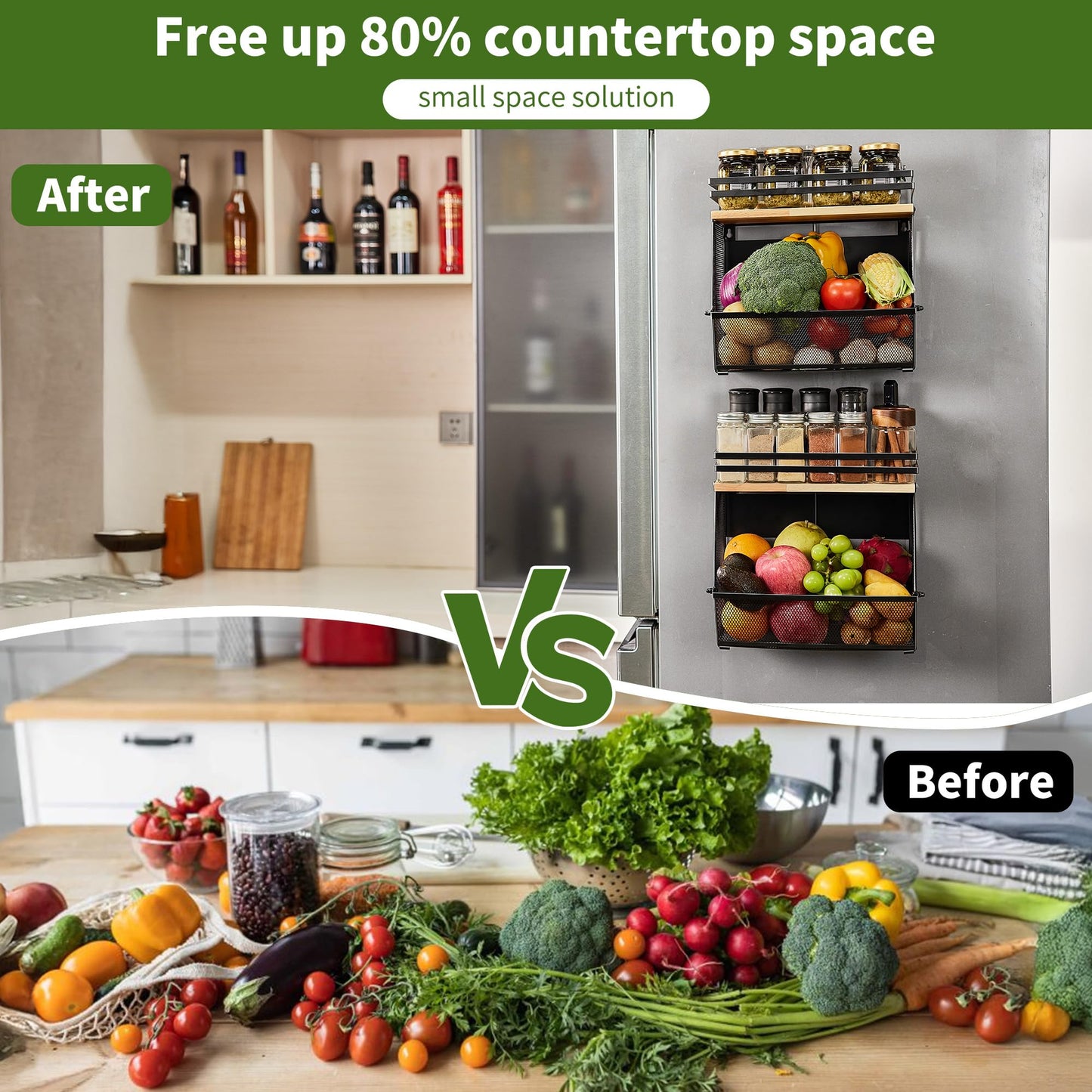 Imncya Magnetic Shelf for Refrigerator, Fridge Magnetic Fruit Basket Spice Rack with Wood Lid, Potato Onion Storage Organizer Magnetics Shelves for Refrigerator, Kitchen Counter, Pantry