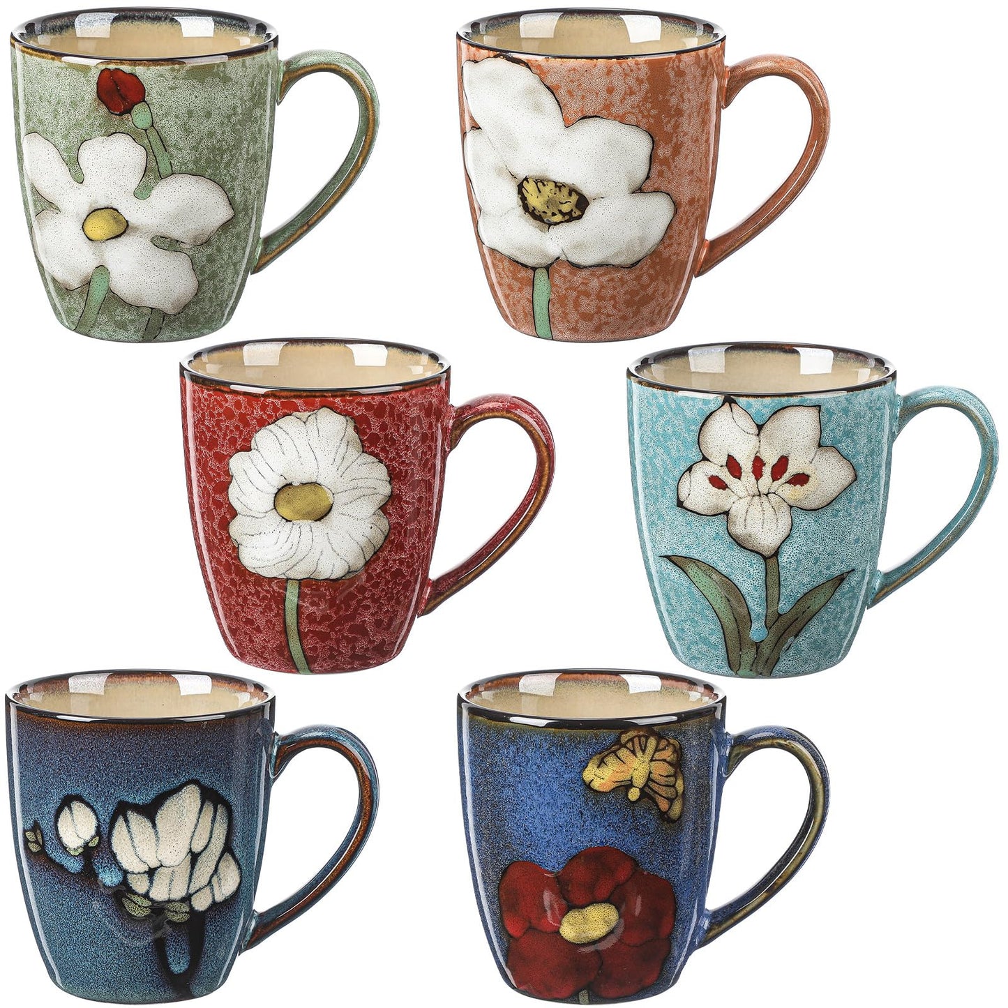 Maxdot 6 Pcs 12oz Ceramic Coffee Mugs Sets Glazing Process Cappuccino Mug Floral Ceramic Tea Cups Mother's Day Idea Gift for Women Mom Porcelain Cup for Coffee, Cocoa, Tea, Latte (Retro)
