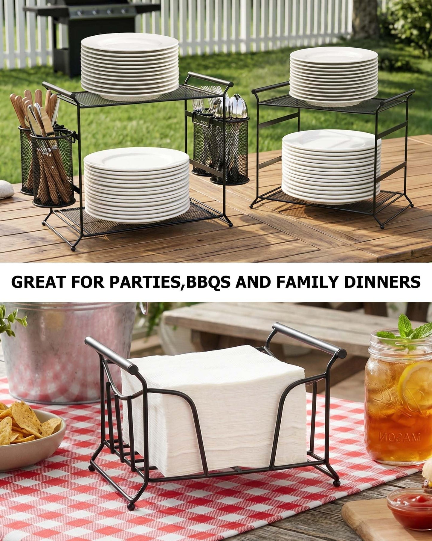 HULISEN 3-Tier Buffet Caddy, 7-Piece Set Stackable Paper Plate and Utensil Holder for Party, Detachable Mesh Silverware Organizer for Countertop, Metal Serving Station for Hosting Party Essentials