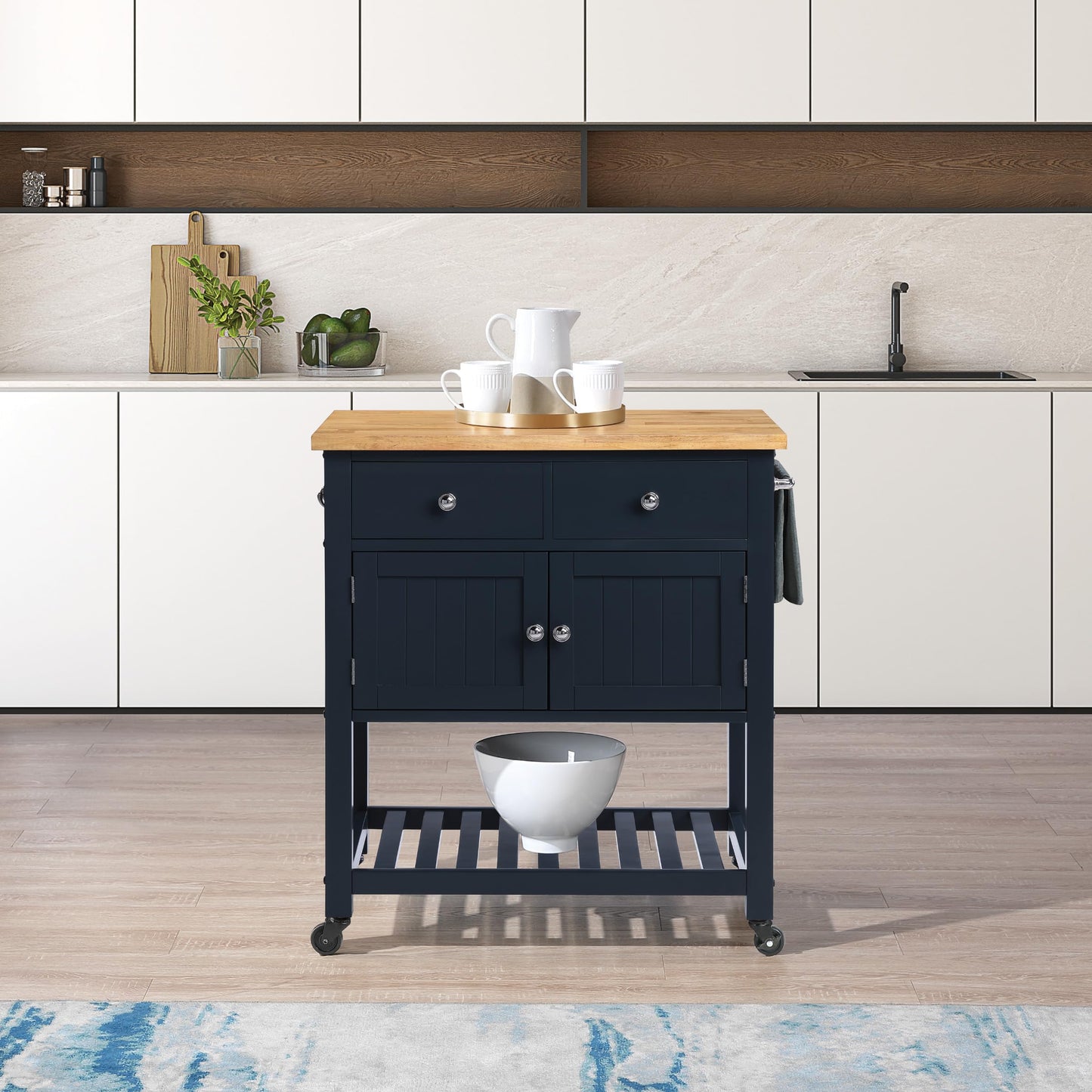 OSP Home Furnishings Stirling Farmhouse Kitchen Cart, Rolling Storage Cabinet with Drawers, Shelf, 5 Utility Hooks, Dark Blue with Natural Wood Top