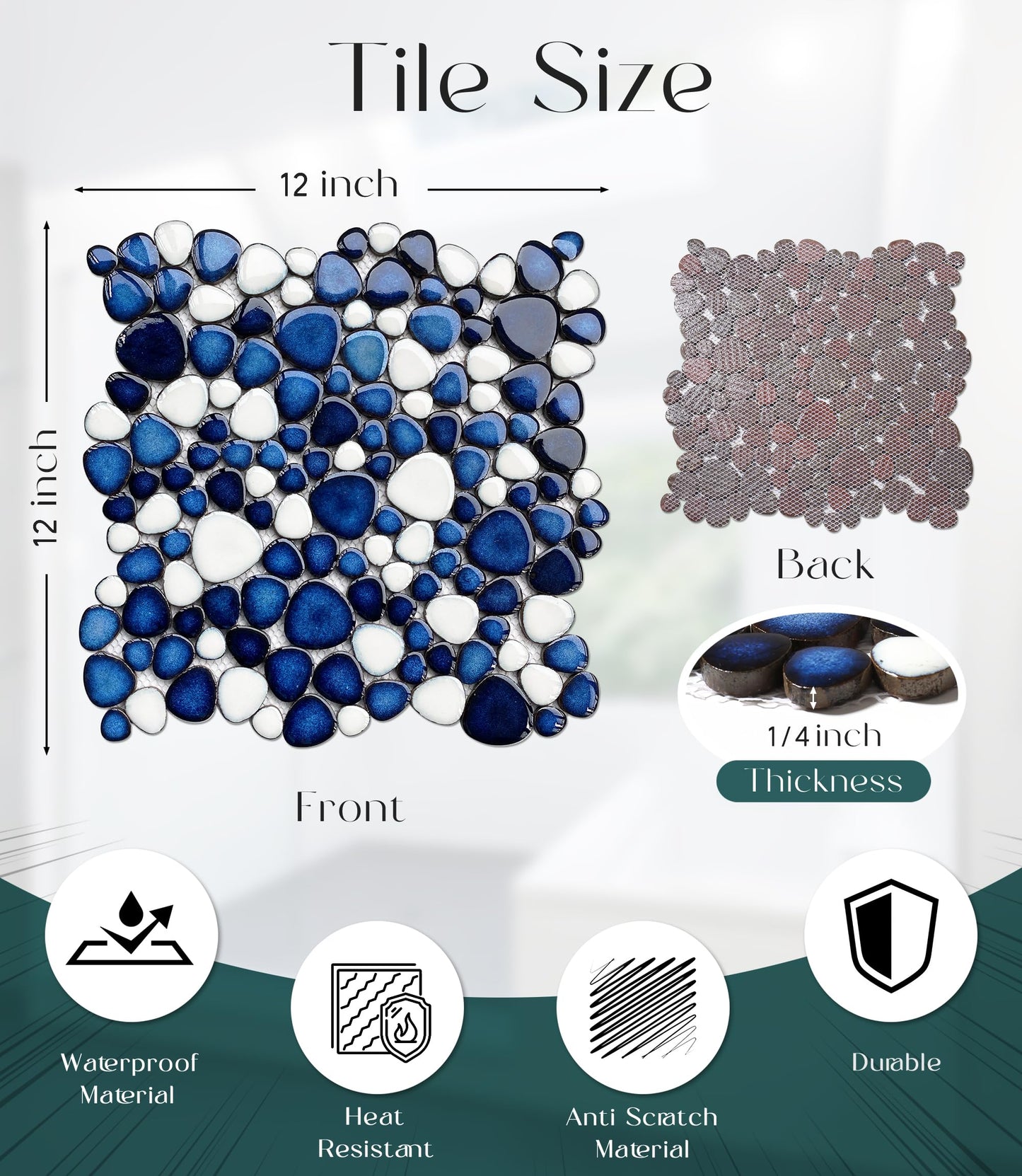Primoon Pebble Ceramic Tiles 5 Sheets, Heart-Shaped 12x12 Floor Tile Ceramic, Dark Blue Mosaic Tiles Mesh Mounted, Waterproof Porcelain Tile Decorative for Kitchen Bath Backsplash Shower Floor Pool
