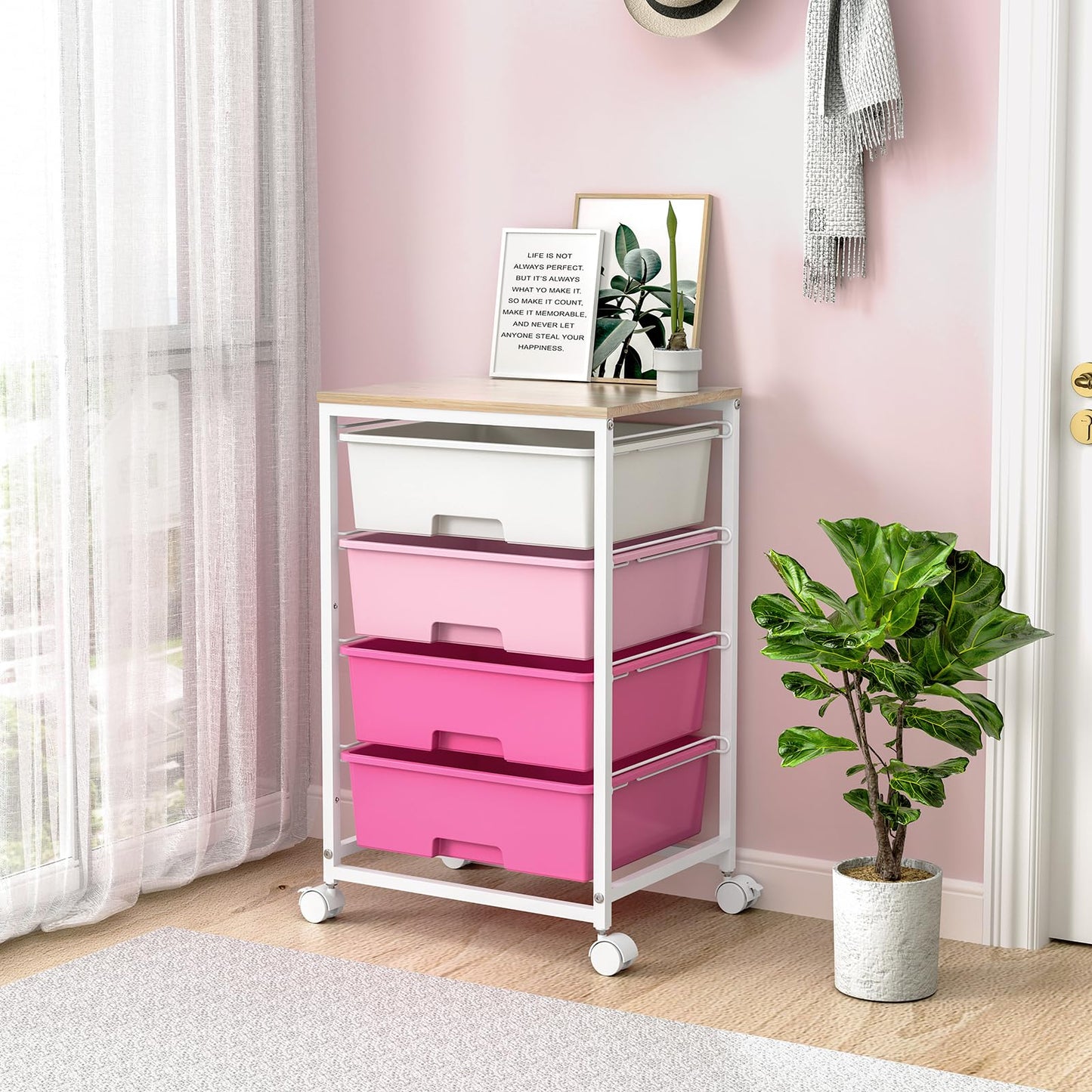 SYKIARIOL Utility-Rolling-Craft-Storage-Cart-Organizer with 4 Drawers and Wooden Tabletop, 4 Tier Drawer Cart for Home Office, Kid Room, Classroom Teacher, Dorm, Pink