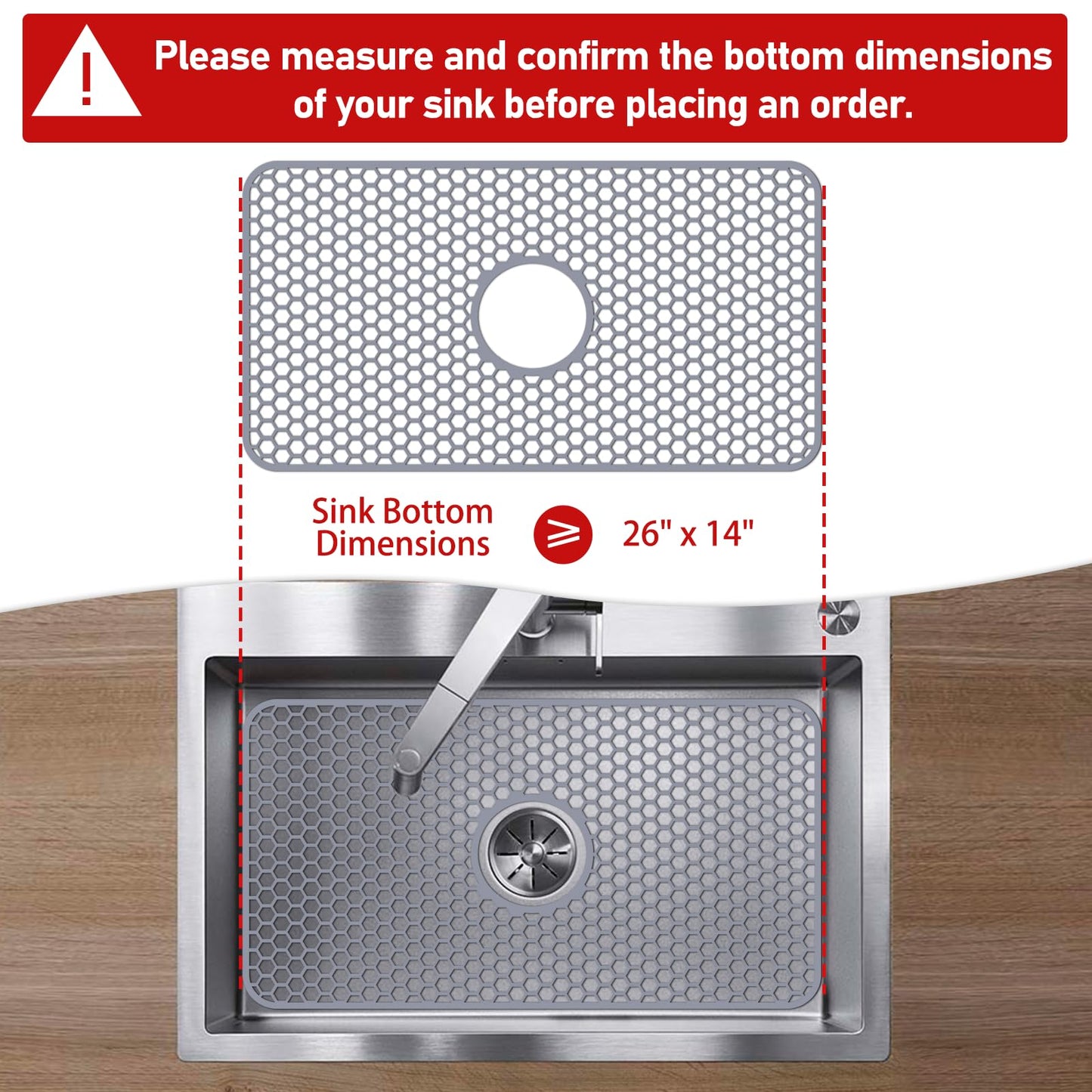 Bestjing Silicone Sink Mat - Protectors for Kitchen Sink with Center Drain, 26"x 14" Kitchen Grid Accessory, Non-Slip Heat-Resistant Mat for Bottom of Farmhouse Porcelain Stainless Steel (Center Hole)