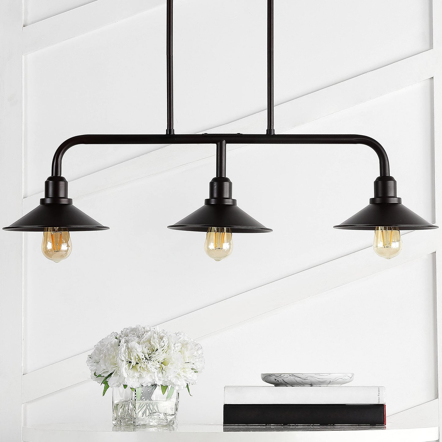 JONATHAN Y 34.25" Oil Rubbed Bronze 3-Light Pendant for Kitchen Island, Modern Farmhouse Industrial Metal Ceiling Light with LED Bulbs, Iron Shade (JYL1113A)