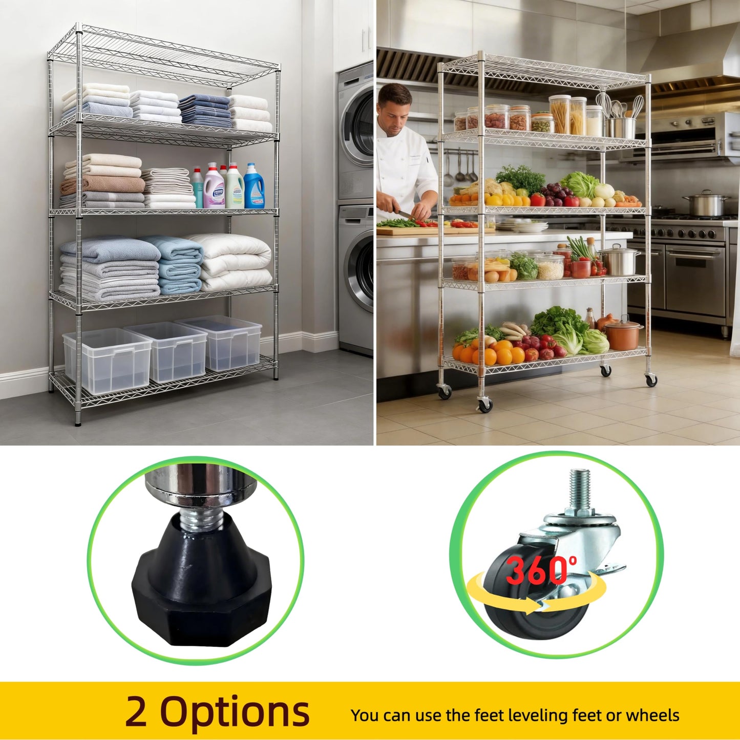 Heavy Duty 5-Tier Wire Rack Shelving Unit, Adjustable Storage Rack with 3" Rubber Wheels, 1750 lbs Capacity, Chrome Standing Shelf for Kitchen, Garage, Warehouse, Office - 47"D x 17.72"W x 74"H