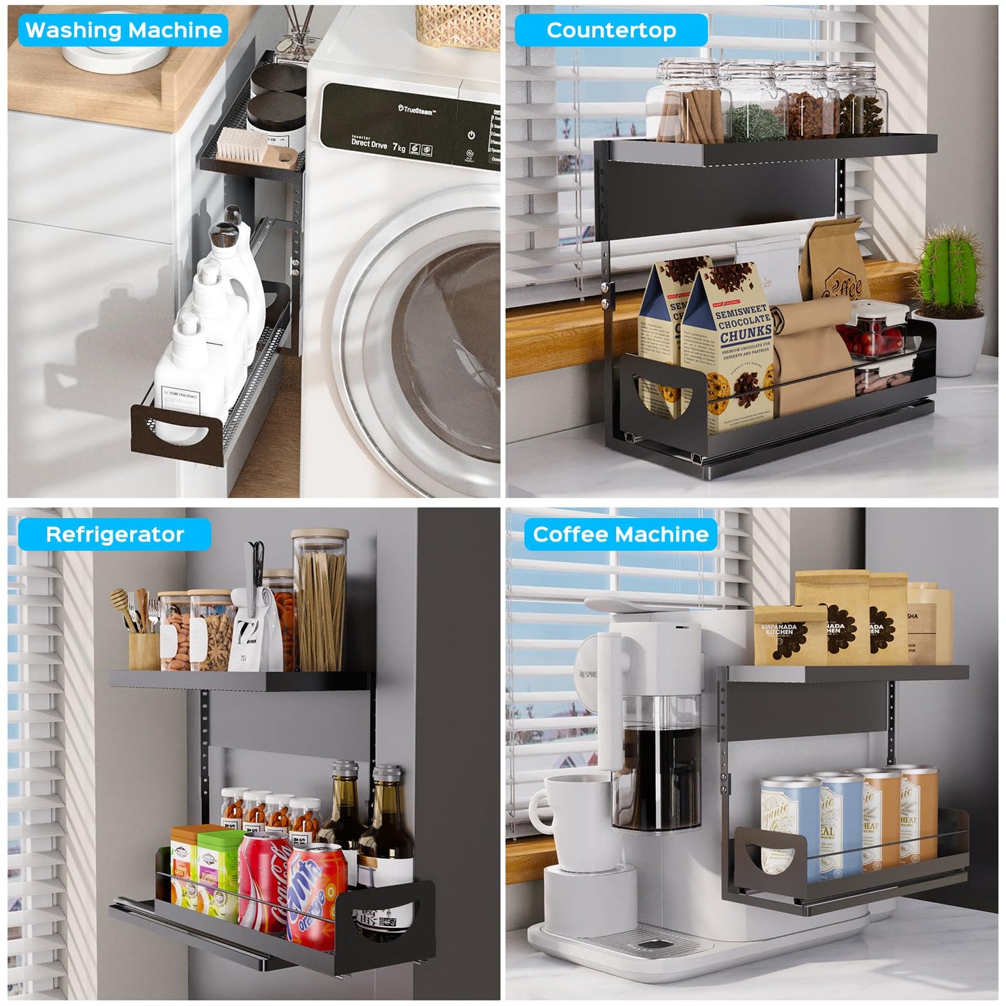 Heavy-Duty Magnetic Shelf With Pull-Out Drawers for Washing Machines, Dryers and Fridge; Height-adjustable Magnetic Shelf, Ideal for Storage in Laundry Rooms, Kitchens, and Living Rooms (Black)