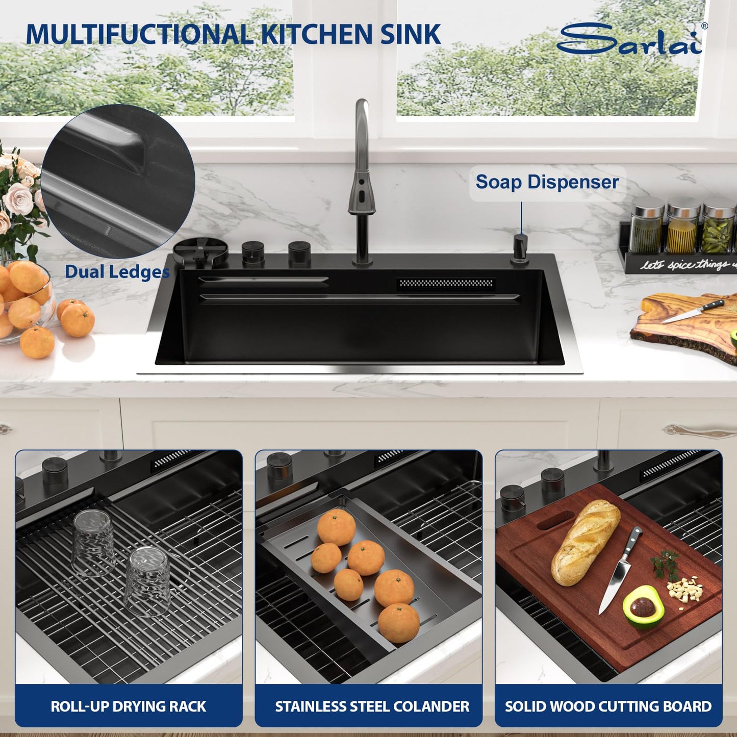 Sarlai Waterfall Kitchen Sink 30 Inch Black Drop In Kitchen Sink Topmount 16 Gauge Stainless Steel 30x22 Inch Single Bowl Multifuction Workstation Top Mount Sinks with Double Knob