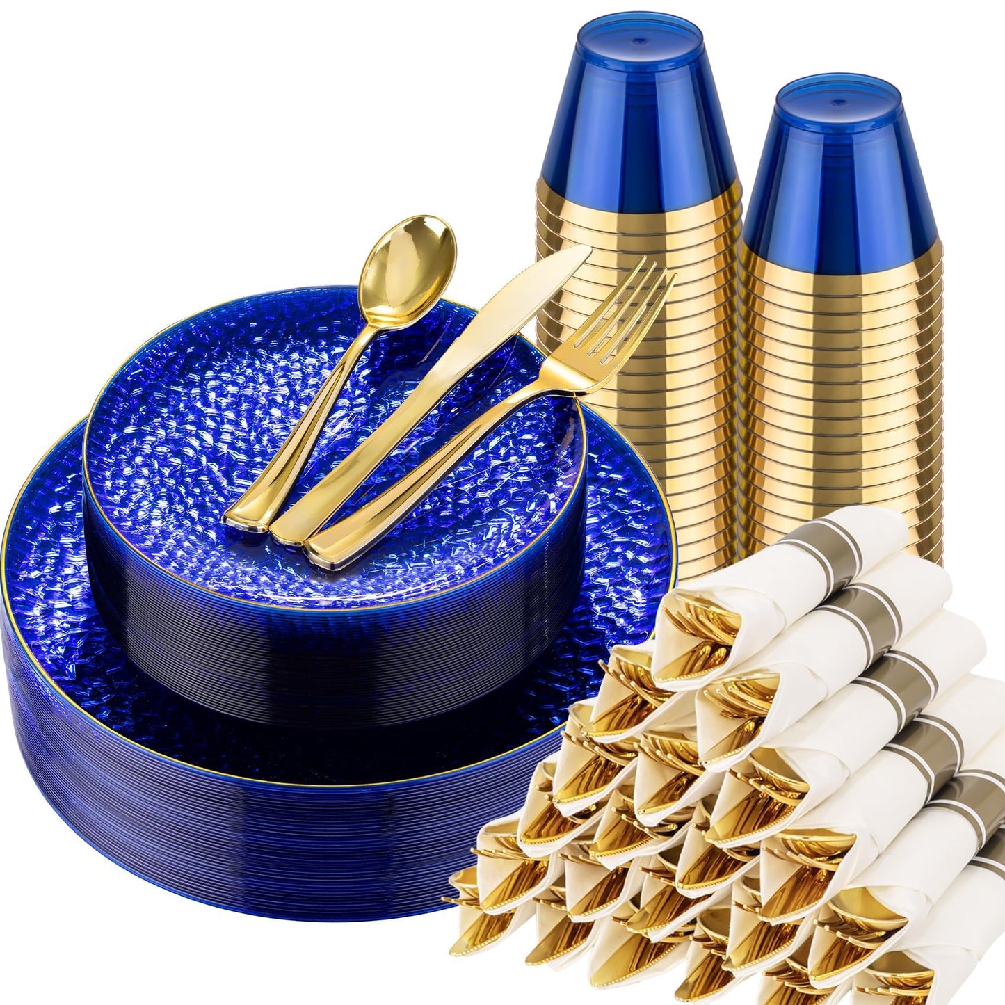 Hioasis 175pcs Blue Gold Plastic Plates - Blue Plastic Dinnerware Set Includes 25 Dinner Plate, 25 Dessert Plate, 25 Cups, 25 Napkins Perfect for Christmas & Party