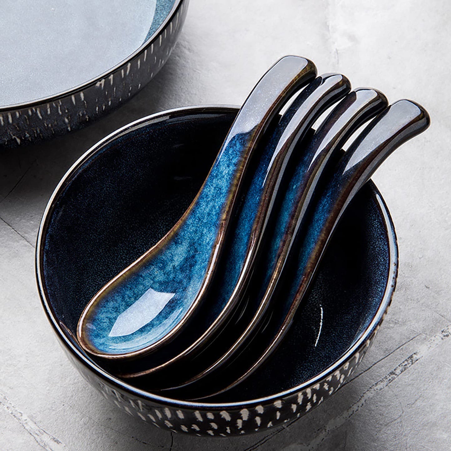 Japanese Ramen Soup Spoons Asian Blue Ceramic Soup Spoon for Pho Dessert Noodle 5 Pcs