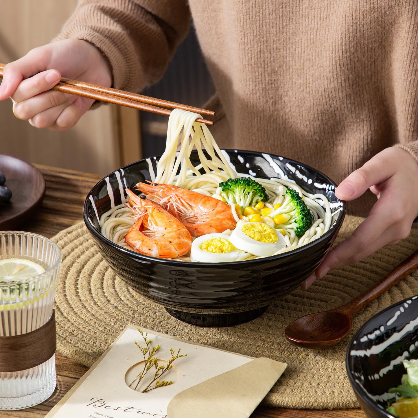 YUN TAO Ceramic Ramen Bowls Set of 2, 40 oz Large Japanese Style Serving Bowls for Salad,Udon, Soba, Pho,Pasta, Asian Soup Noodle with Spoons and Chopsticks (Black)