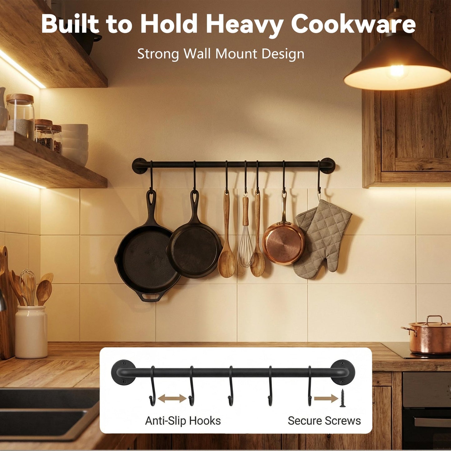 BIHOMIFI Wall-Mounted Utensil Rack Hanger Steel-made Kitchen Utensil Rack Organizer Pot Pans Wall Hanger Holder for Rustic Iron Kitchen Organizer with Ten Hanging Hooks（2 Pack）