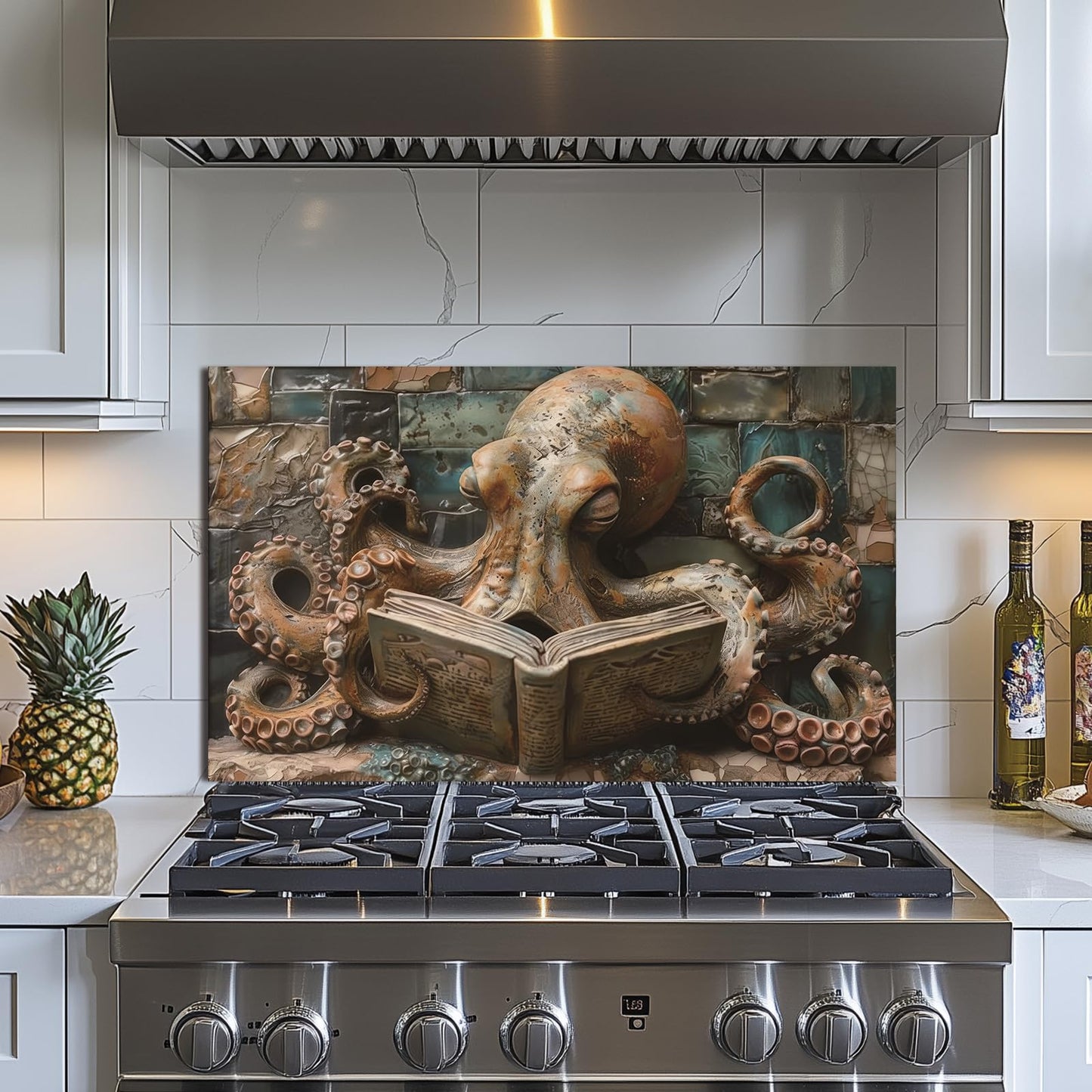 Evgosm Octopus Tempered Glass Kitchen Backsplash, Easy-to-Clean Kitchen Sink Cover with Splash Shield, Home Kitchen Decor (30 inches x 18 inches).