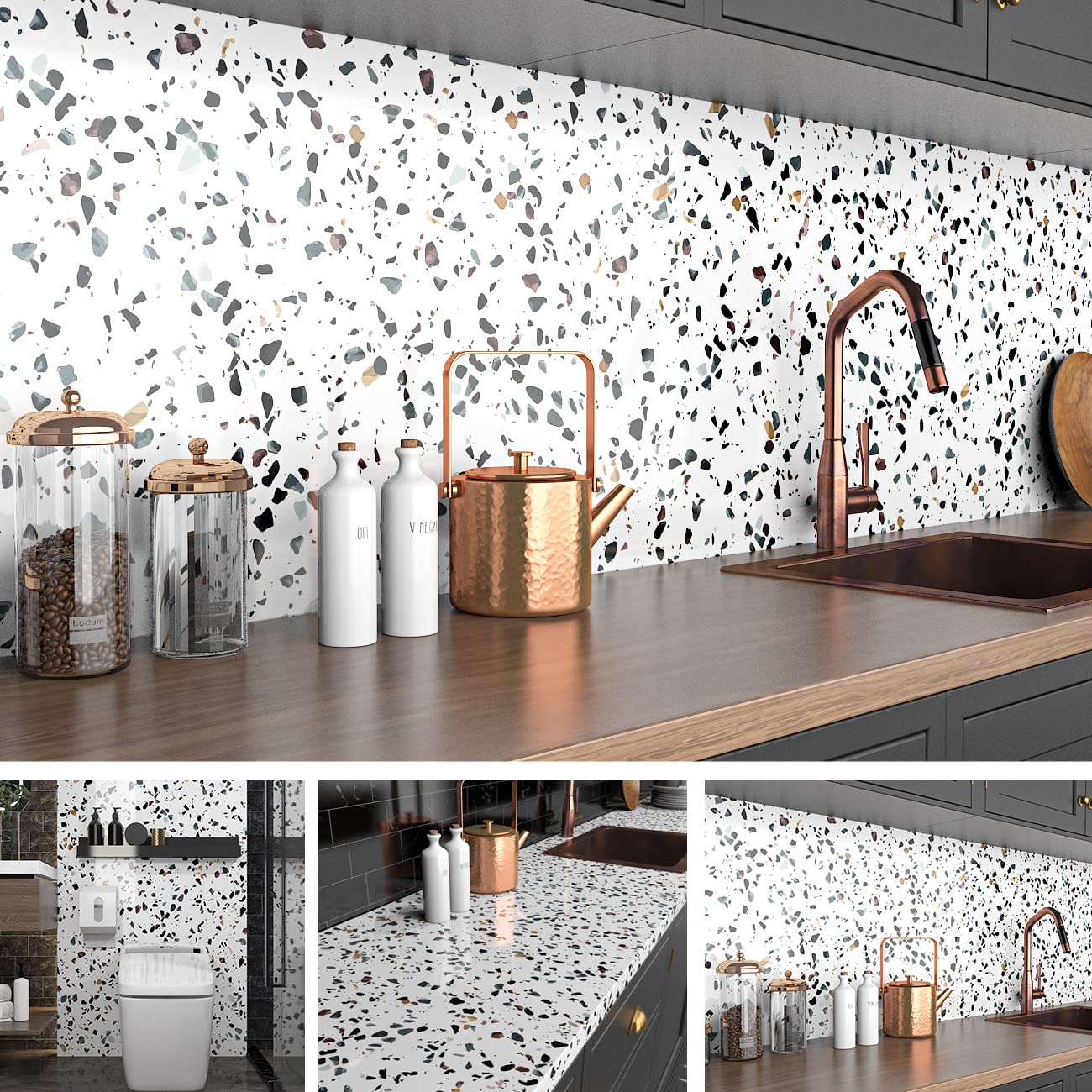 AbaBoorty 394x15.8 Inch Terrazzo Contact Paper Stick and Peel Wallpaper for Countertops White Granite Removable Wall Paper Covers Counter Top Old Furniture Waterproof