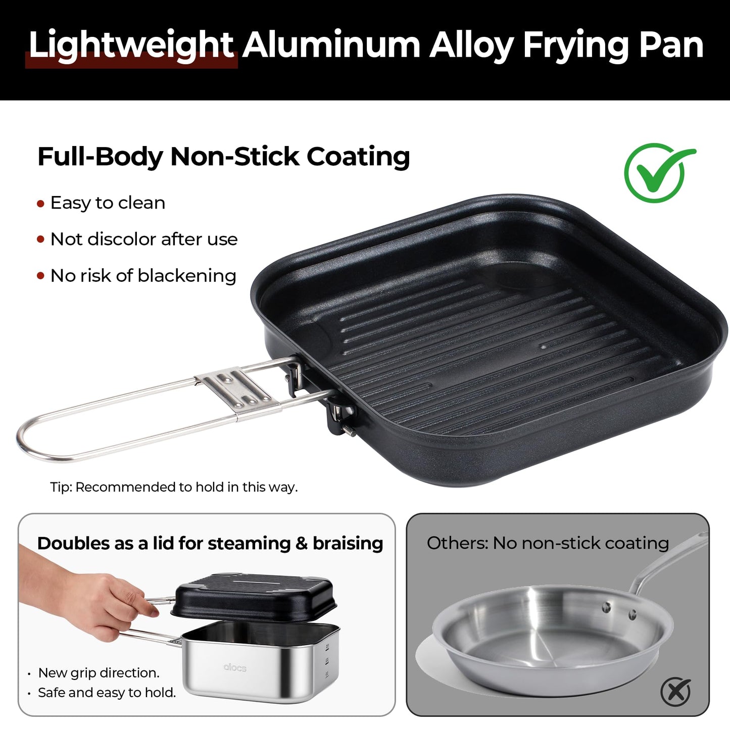 Alocs Camping Cookware Set, Stainless Steel Pot, 7-inch Non-Stick Pan, Portable Kettle, Outdoor Cooking System with Carry Bag for Kitchen, Picnic, Hiking, Backpacking,Fishing and Campfire
