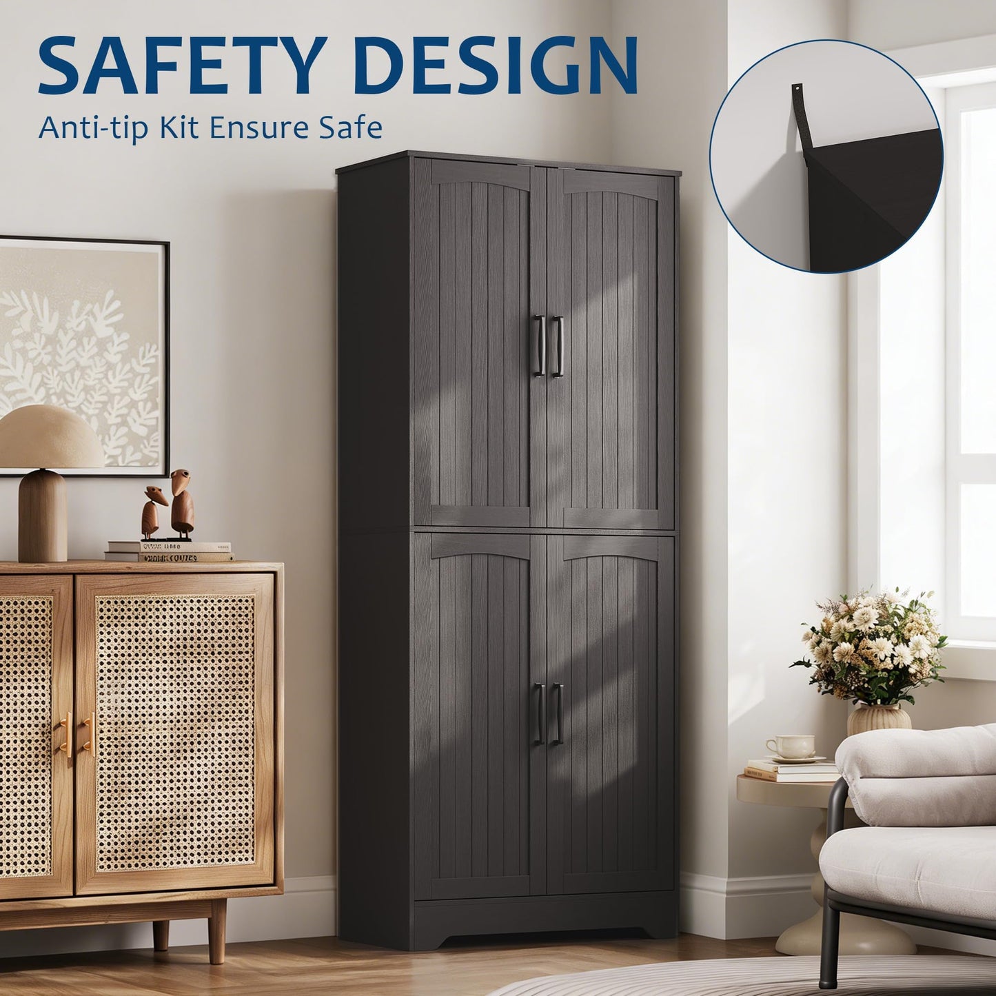 Farmhouse Pantry Cabinet, 71" Tall Wood Kitchen Storage Cabinet with 4 Doors & Adjustable Shelves, Large Freestanding Food Pantry Cupboard with Anti-Tip Kit for Kitchen, Dining Room, Living Room