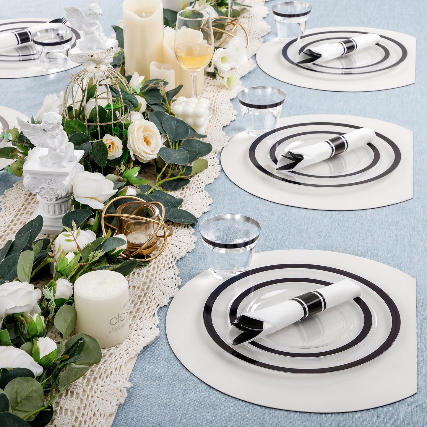 I00000 350 Pcs Clear and Black Plastic Plates,Black Dinnerware Set, Include 50 Dinner and 50 Dessert Plates,50 Plastic Cups,50 Pre Rolled Napkins with Cutlery for Graduation,Party