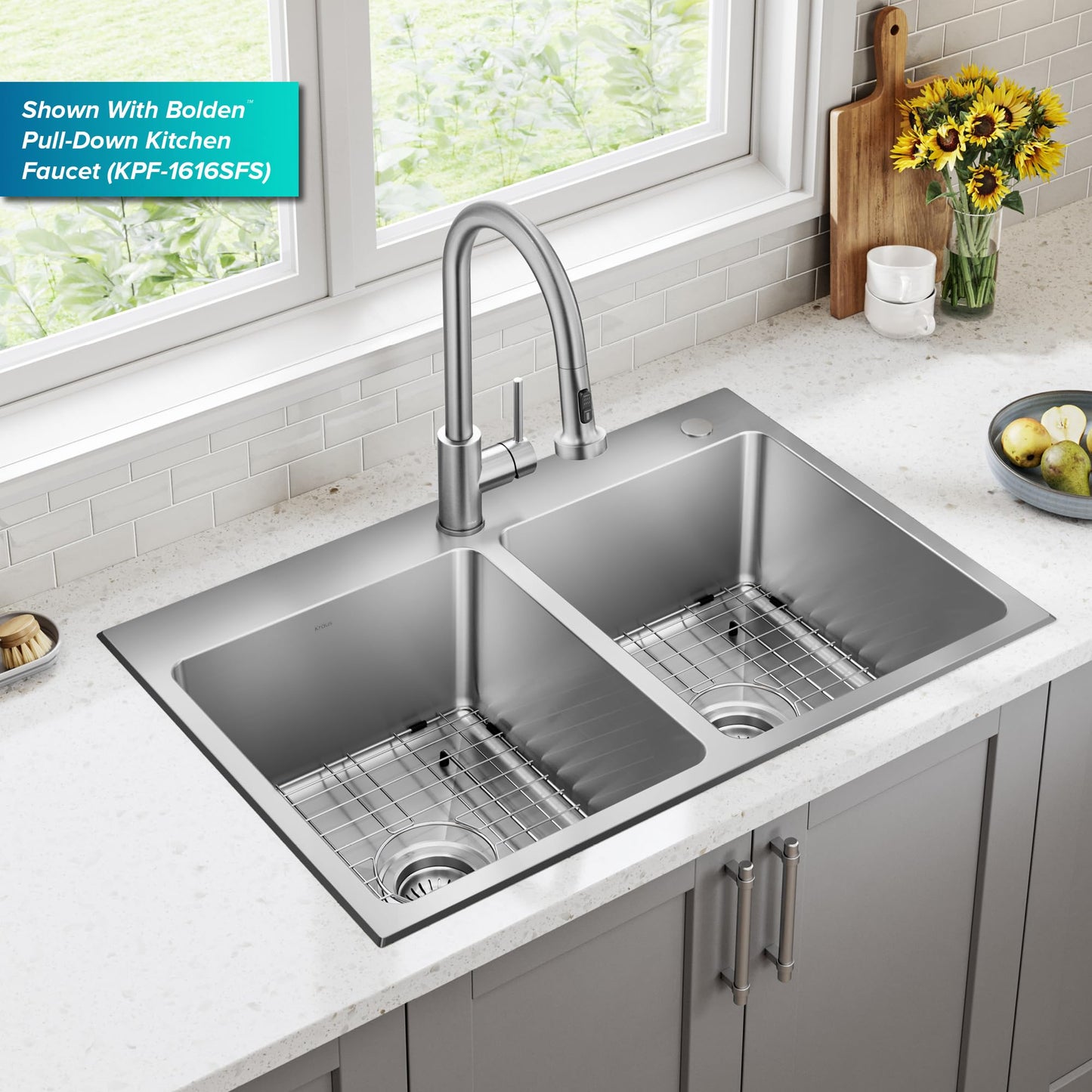 KRAUS Fairlane 33-inch Drop In/Top Mount Double Bowl 18-Gauge Stainless Steel Kitchen Sink, KHT632-33