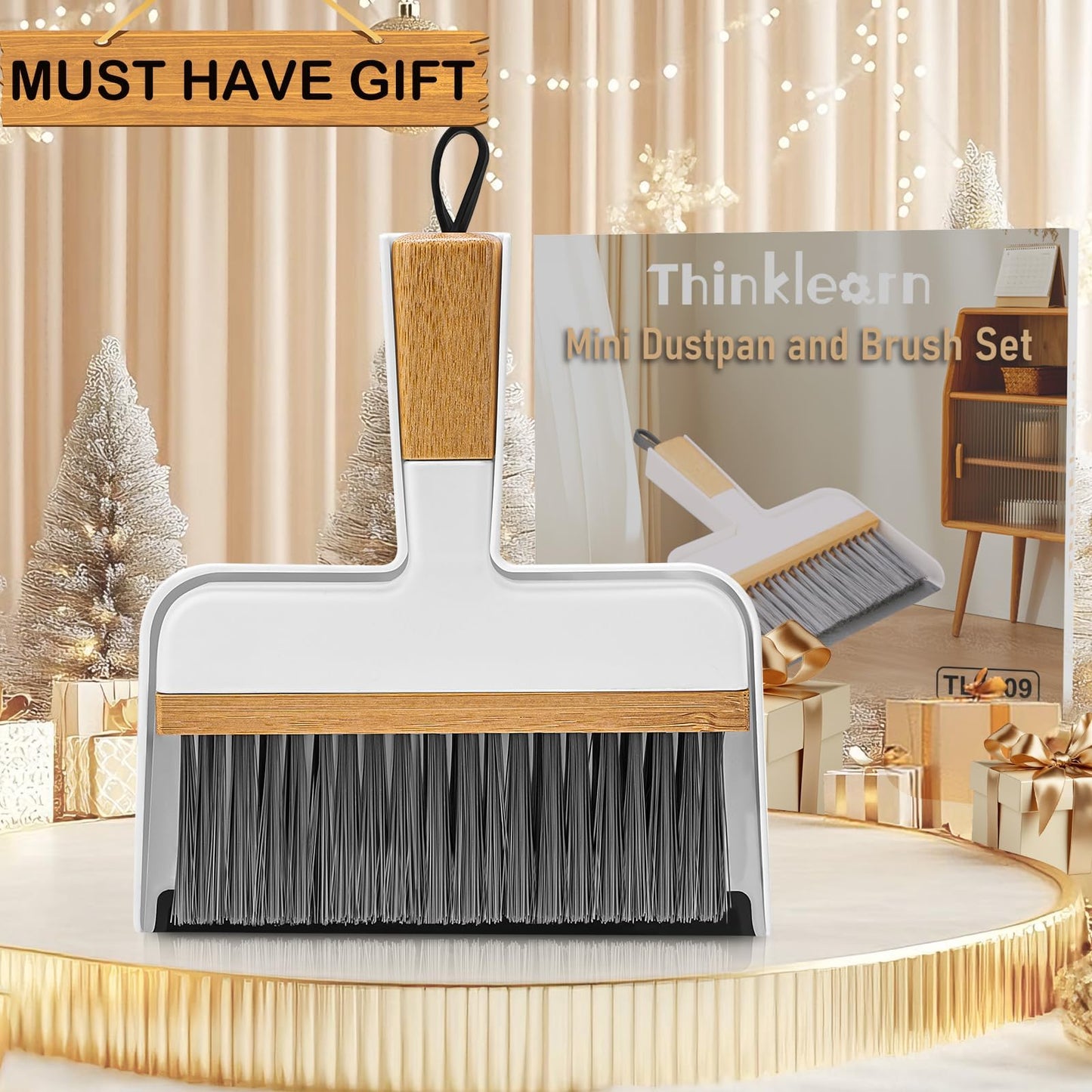 THINKLEARN Mini Dustpan and Brush Set, Portable Broom and Dustpan Combo Set with Bamboo Handle, Handheld Broom Set for Cleaning Desk Drawers Sofas and RV