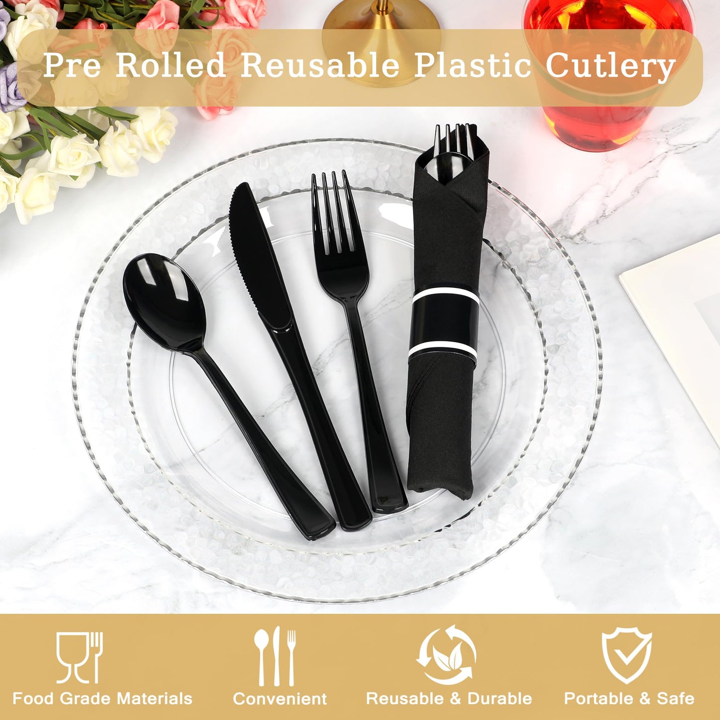 Dlebay 50 Pack Pre Rolled Black Plastic Silverware Set,Wrapped Plastic Cutlery Set with Napkin Include 50 Forks,50 Spoons,50 Knives and 50 Black Napkins for Party,Wedding