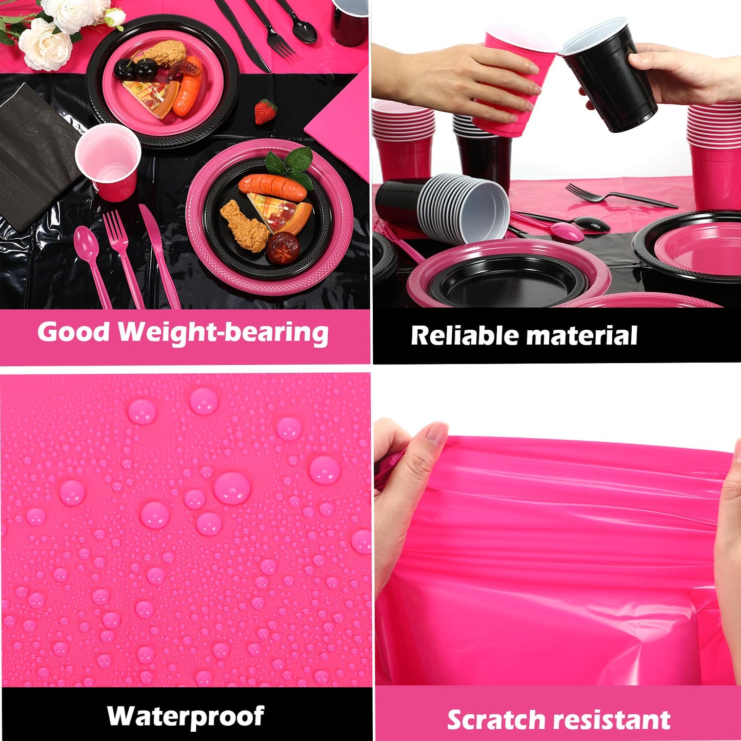 Uiifan 194 Pcs Plastic Plates Party Set Disposable Tableware Set for 24 Guests with Plastic Plates Spoons Forks Knives Cups tablecloth Napkins for Graduation Birthday Wedding Party(Hot Pink,Black)