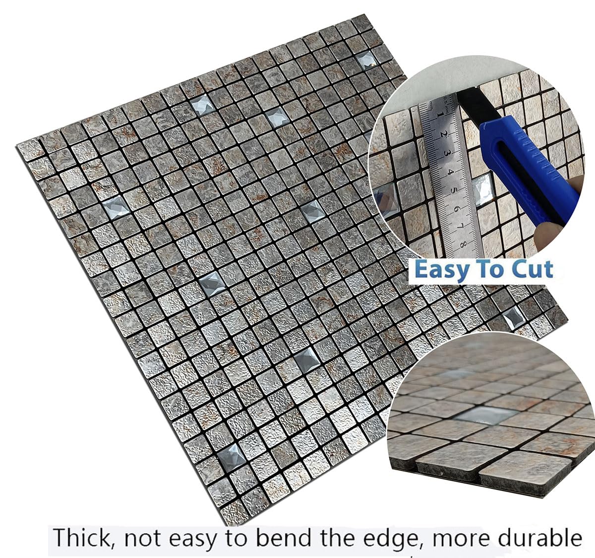 XUANINY Peel and Stick Backsplash Tiles for Kitchen,Bathroom,Fireplace,Self Adhesive Metal Aluminum Mosaic (12"x12") (10, Printed Silver Grey)