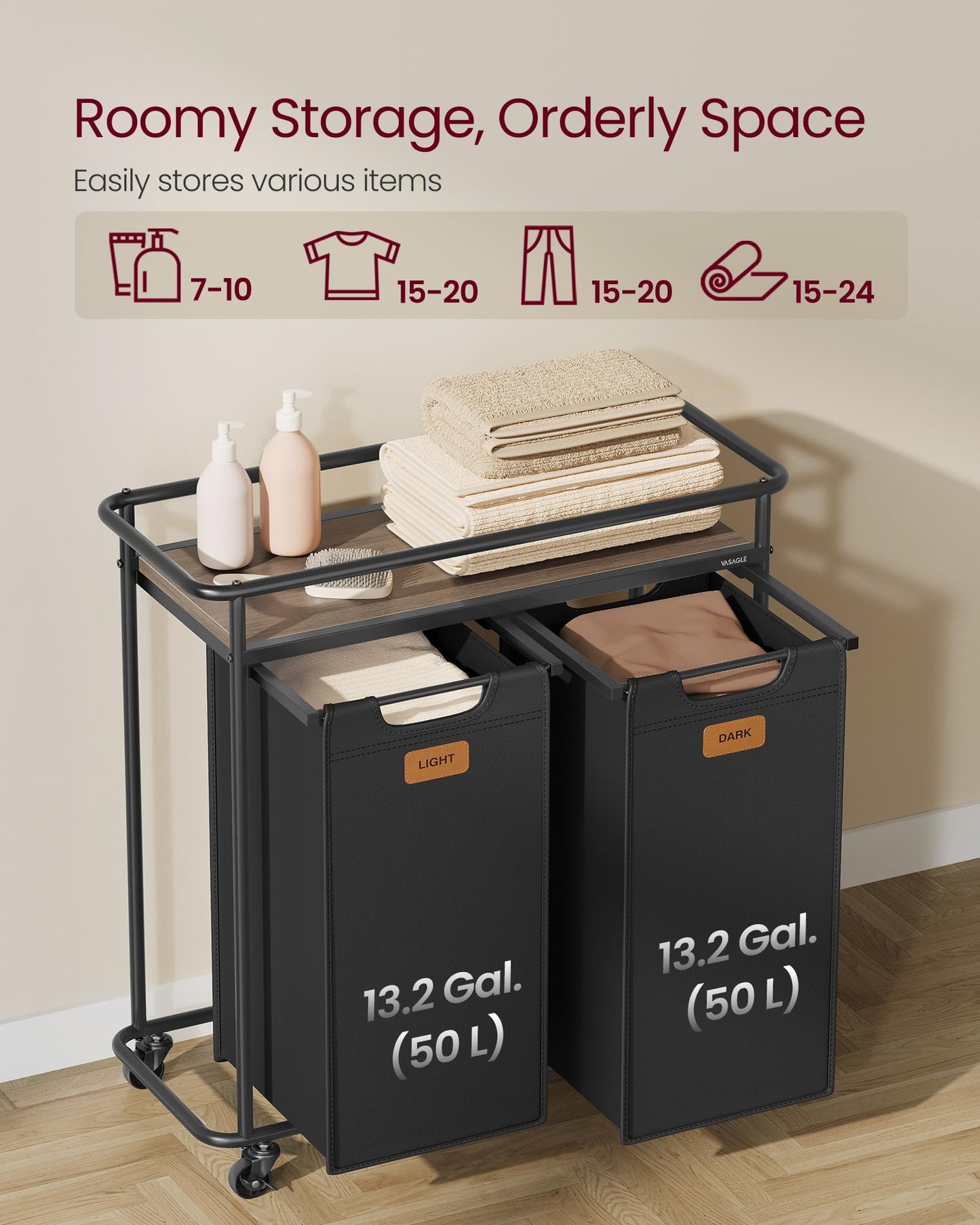VASAGLE Laundry Sorter, Laundry Hamper with Wheels, 26.4 Gal. (100 L) Portable Rolling Cart Baskets with Shelf, 2 Removable Liners and 6 Labels, Ink Black and Chestnut Brown UBLH102BH01