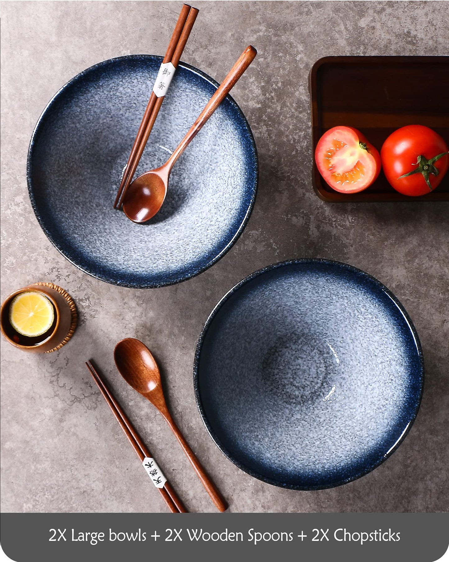 Lareina Ceramic Japanese Ramen Bowls, 2 Sets (6 Piece) 60 Ounce, Large Noodle Soup Bowl with Matching Chopsticks and Spoons for Asian Pho Udon Soba, Blue