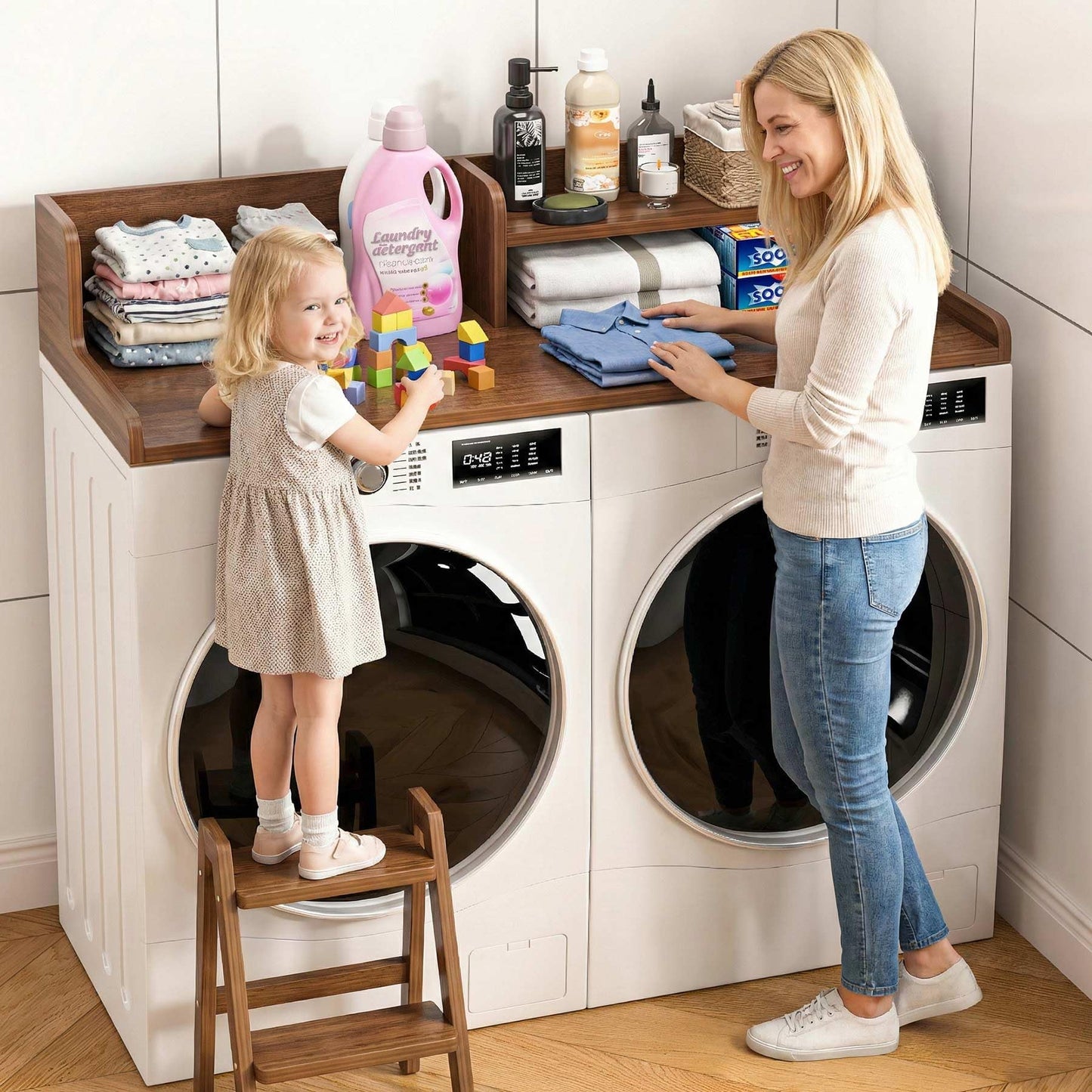 BREENHILL Washer Dryer Countertop with Open Storage Shelf & Raised Edge Guard, Laundry Room Storage Shelf Over Washer Dryer, Non-Slip Wood Organizer Topper, Walnut Finish