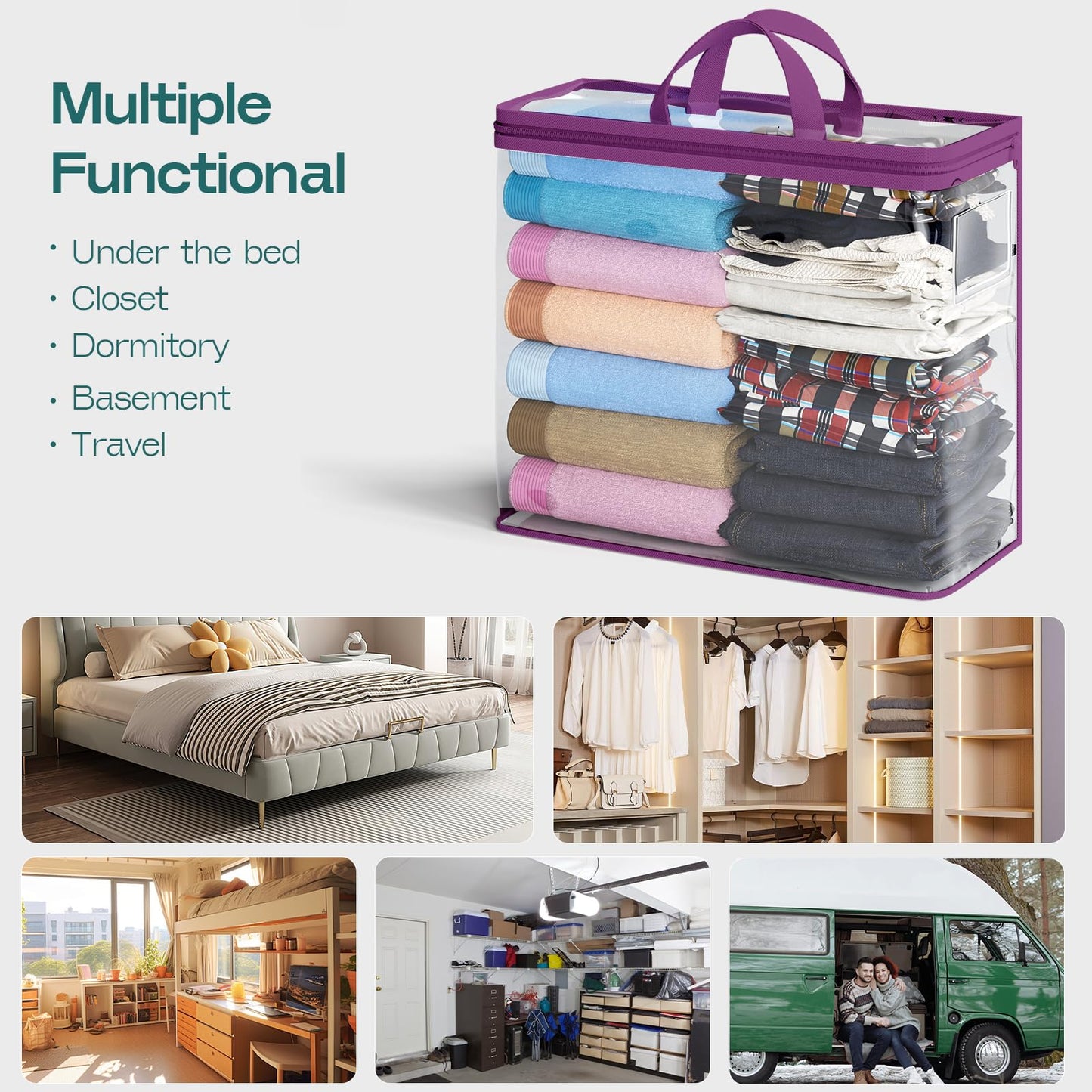 10PACK Clear Zippered Storage Bags for Clothes, 22L Clear Storage Bag, and Blanket Storage Bags for Bedding, Linen, Blankets, Comforters, Clothing & Toys (Purple)