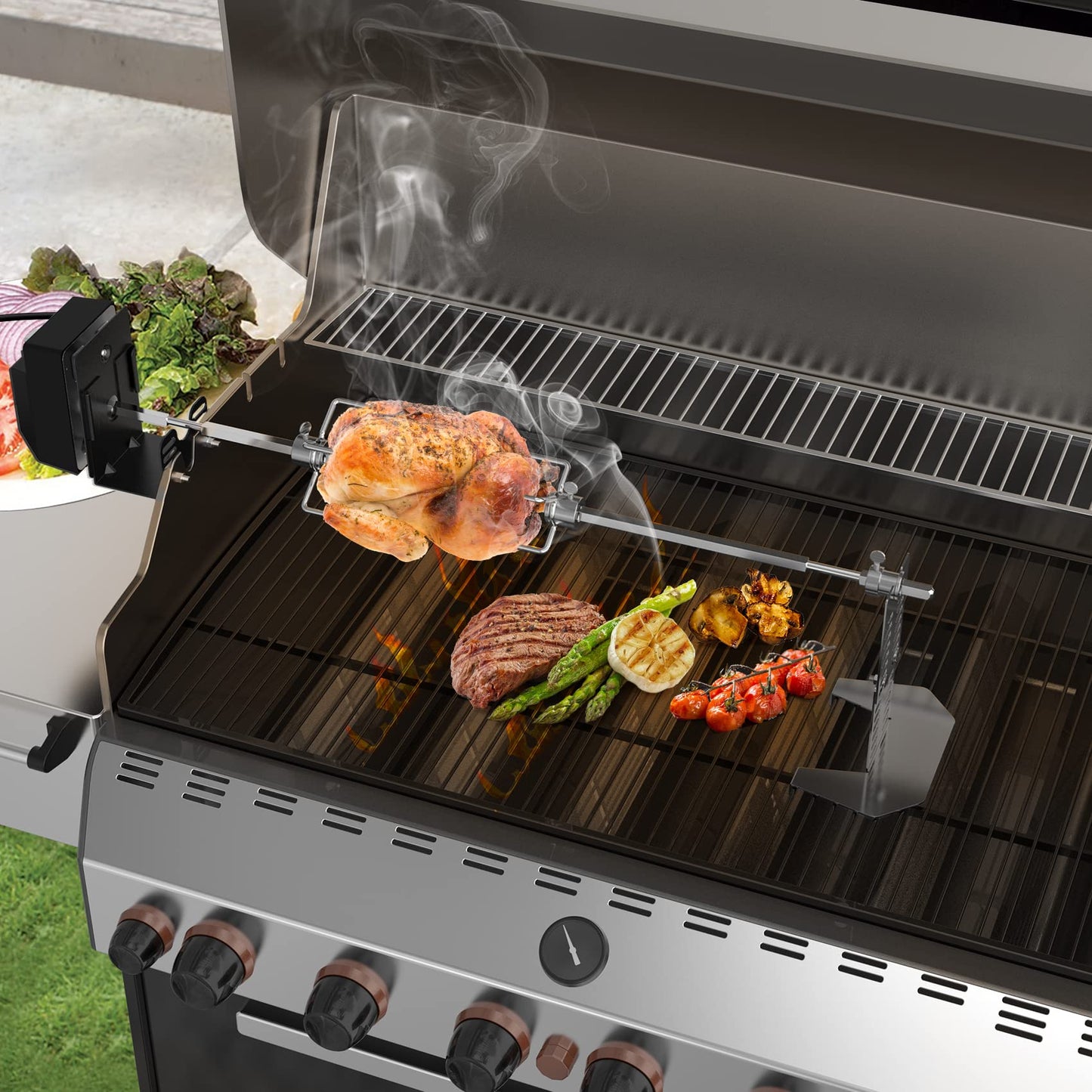 onlyfire Universal BBQ Grill Rotisserie Kit for Most Gas Grills, Include 110V 4W Electric Motor, 4-Prong Meat Forks and 28" Square Spit Rod
