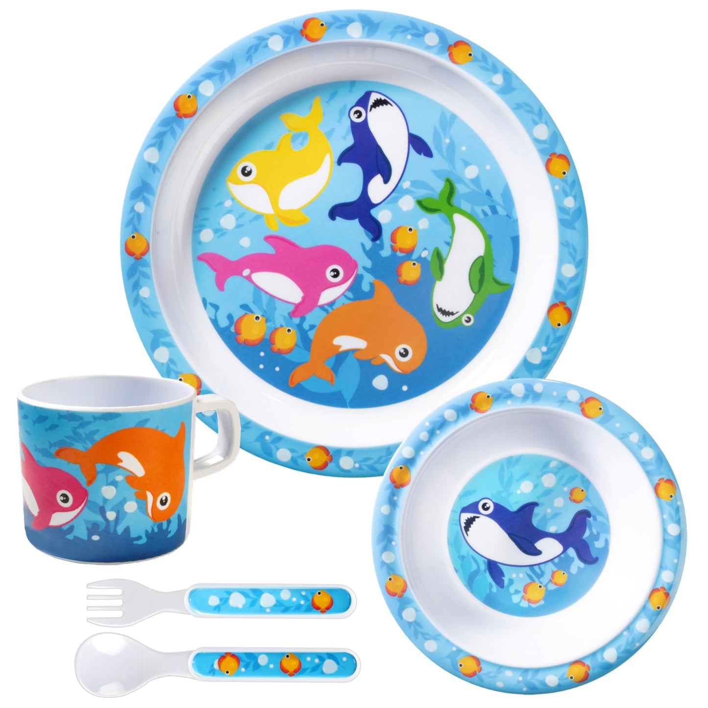 Bentology 5 Pc Mealtime Set for Kids - Shark Theme -Includes Raised Edge Plate & Bowl, Cup, Fork & Spoon -Dishwasher Safe, BPA Free- Cute Durable Dish, Easy Self-Feeding- Gift for Toddlers