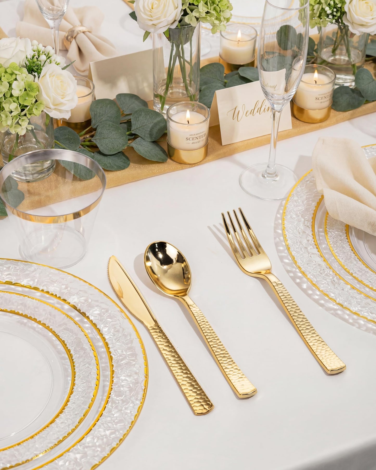 Nervure 300PCS Gold Hammered Plastic Silverware - Heavy Duty Plastic Cutlery - Gold Disposable Utensils Includes 100 Forks, 100 Knives, 100 Spoons Perfect for Wedding & Party