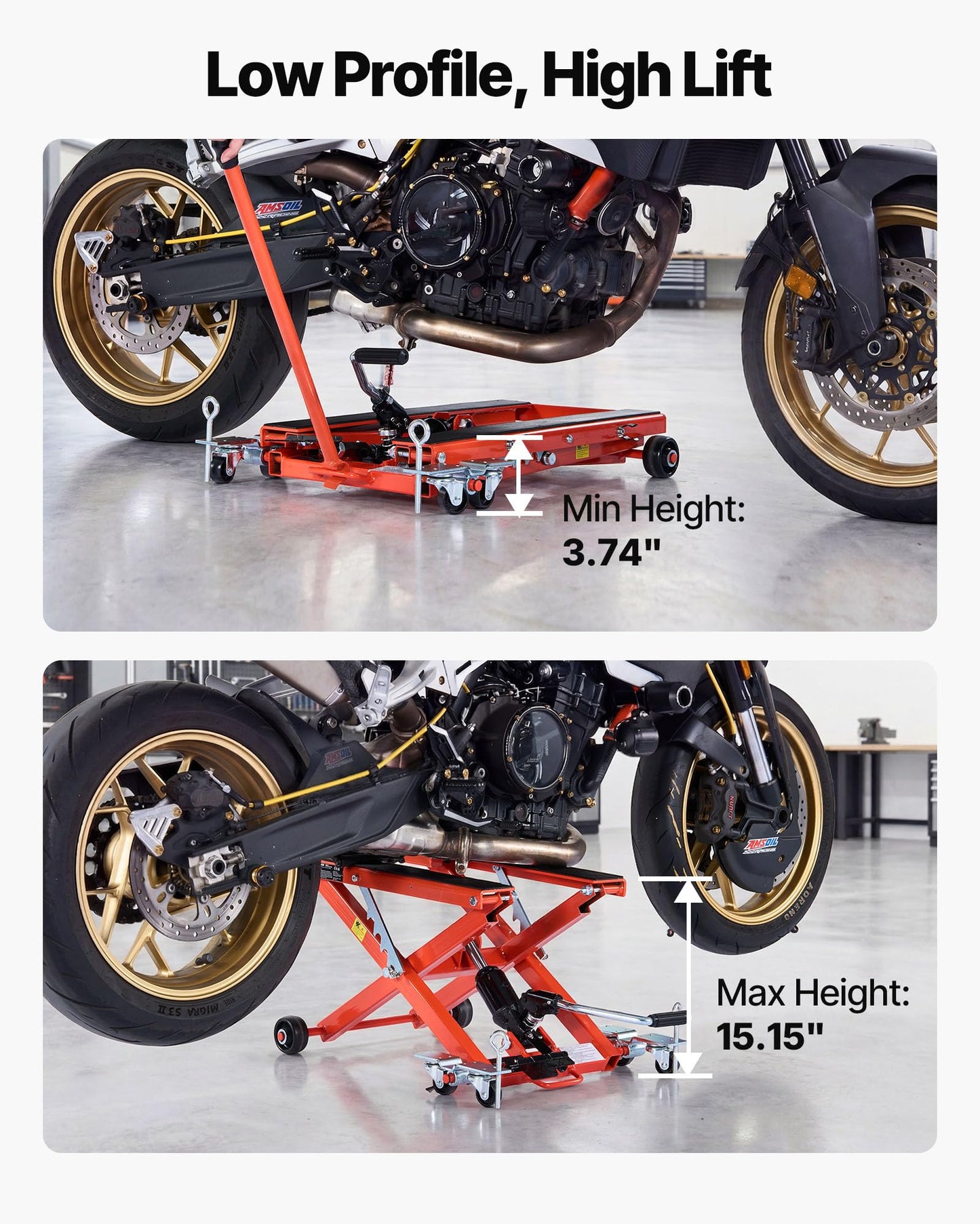 VEVOR Hydraulic Motorcycle Lift Jack, 1100 lbs Capacity, Scissor Lift Jack Portable Motorcycle Hoist Stand with 6 Wheels, 4.72"-15.15" Height Range, Hydraulic Foot-Operated Hoist Stand for Dirt Bikes