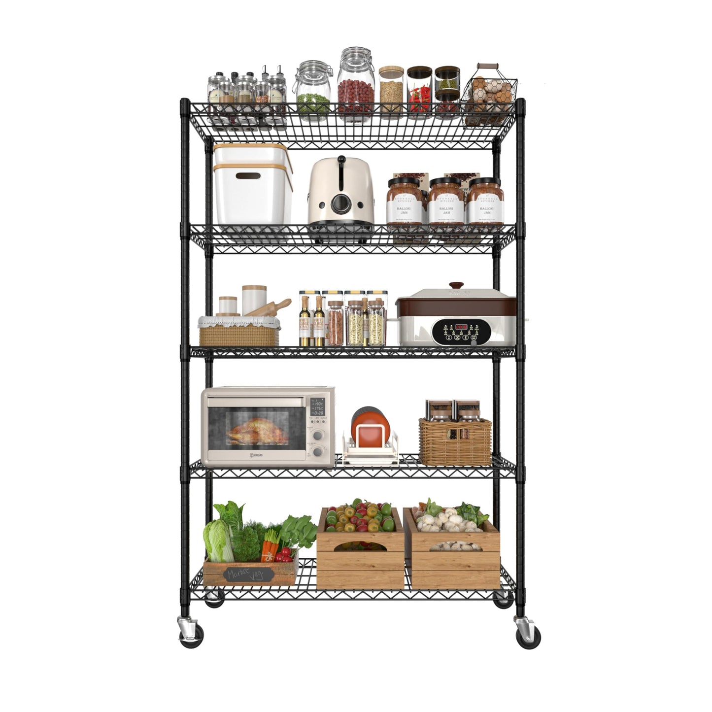 BlueWish 5-Tier Heavy Duty Steel Wire Shelving Unit with Wheels, Adjustable Storage Shelving Unit, 18" D x 48" W x 76" H NSF Certified Rolling Shelving for Kitchen Garage Basement Warehouse, Black