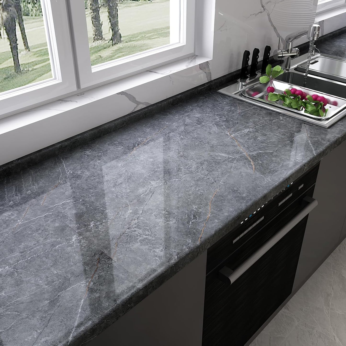 BOMENG Glossy Marble Contact Paper Granite Grey Peel and Stick Wallpaper for Bathroom Kitchen Cabinets Countertops Furniture Renovation, Removable Waterproof Self-Adhesive Vinyl Wrap 24" x 197", Gray