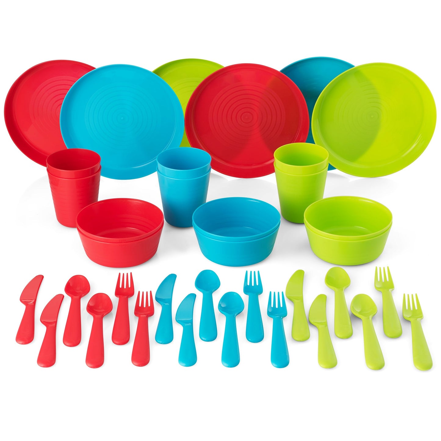 PLASKIDY Kids Plastic Dinnerware Set - 36 Pc Reusable Children's Dinner Set Microwave / Dishwasher Safe BPA Free Toddler Dishes Dinnerware Set Includes Kids Plates and Bowls Kids Cups & Flatware.