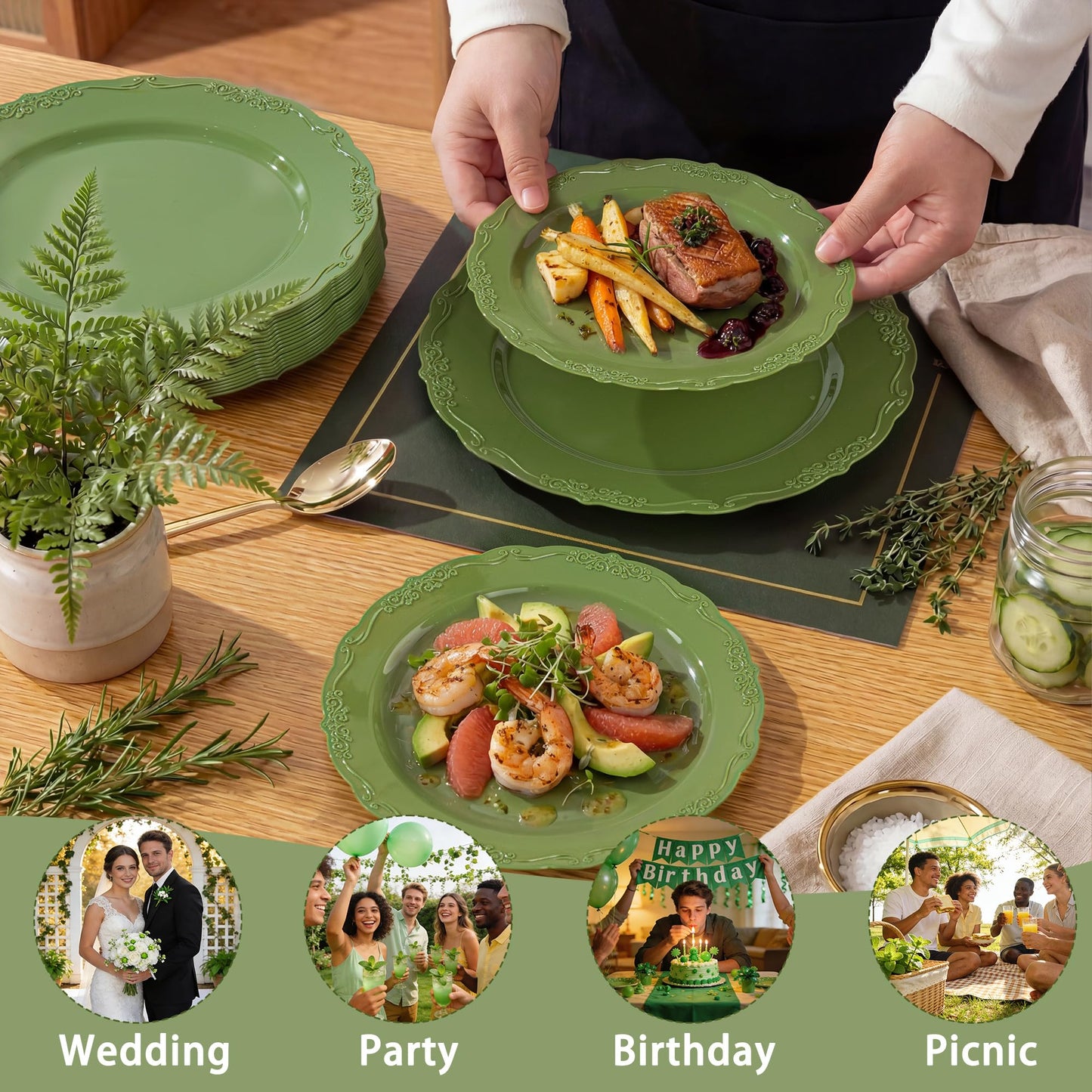Tinybee 60PCS Green Plastic Plates - Heavy Duty Green Disposable Plates, Elegant Plastic Plates for Bridal Shower, Wedding and Party Including 30 Dinner Plates 10 '' & 30 Dessert Plates 7.5 ''