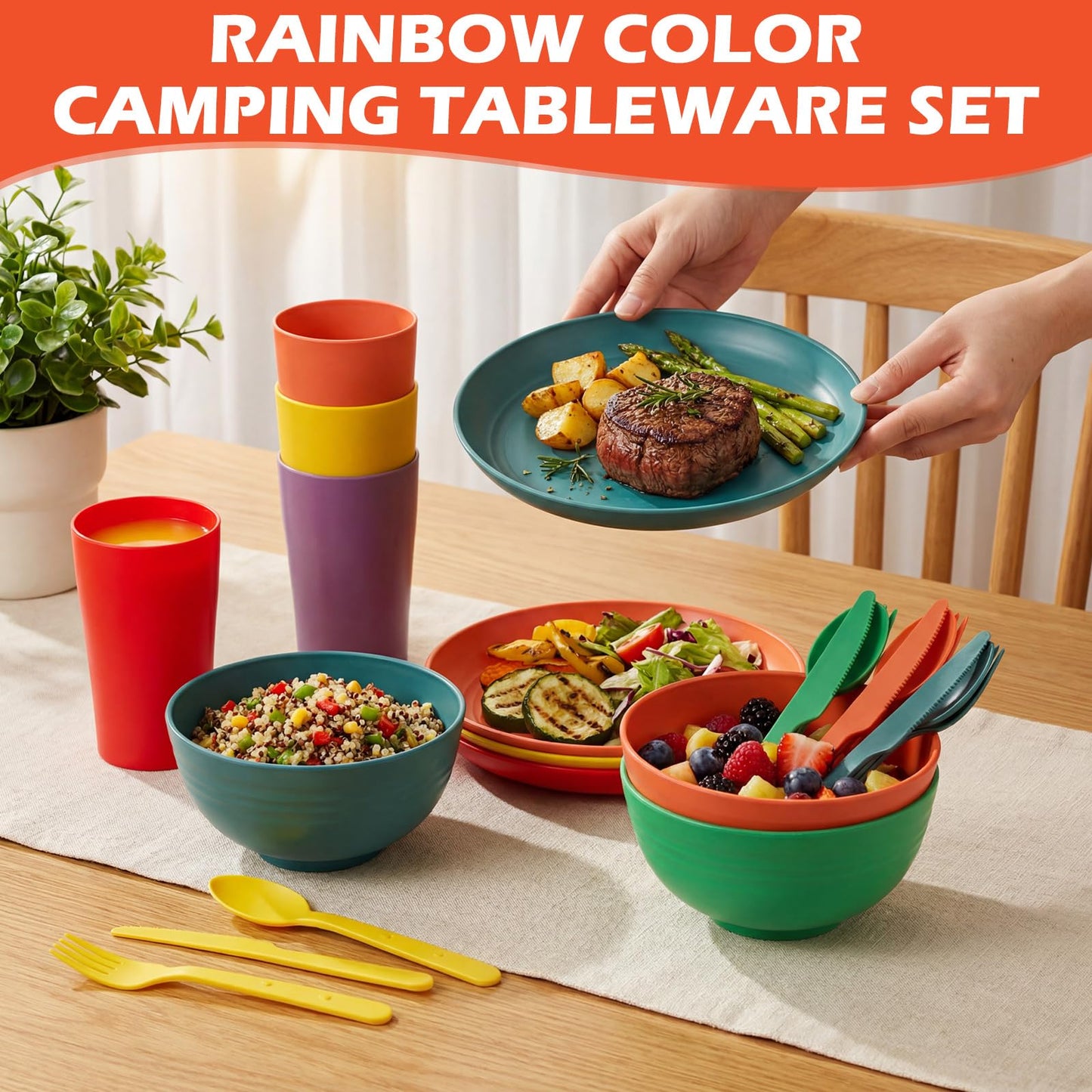 Remerry 6 Sets Camping Mess Kit with Plates Bowls Cups Spoon Fork and Knife Cutlery in 6 Colors Tableware Reusable Plastic Tableware Set for Travel Picnic Camping Necessity Home Party