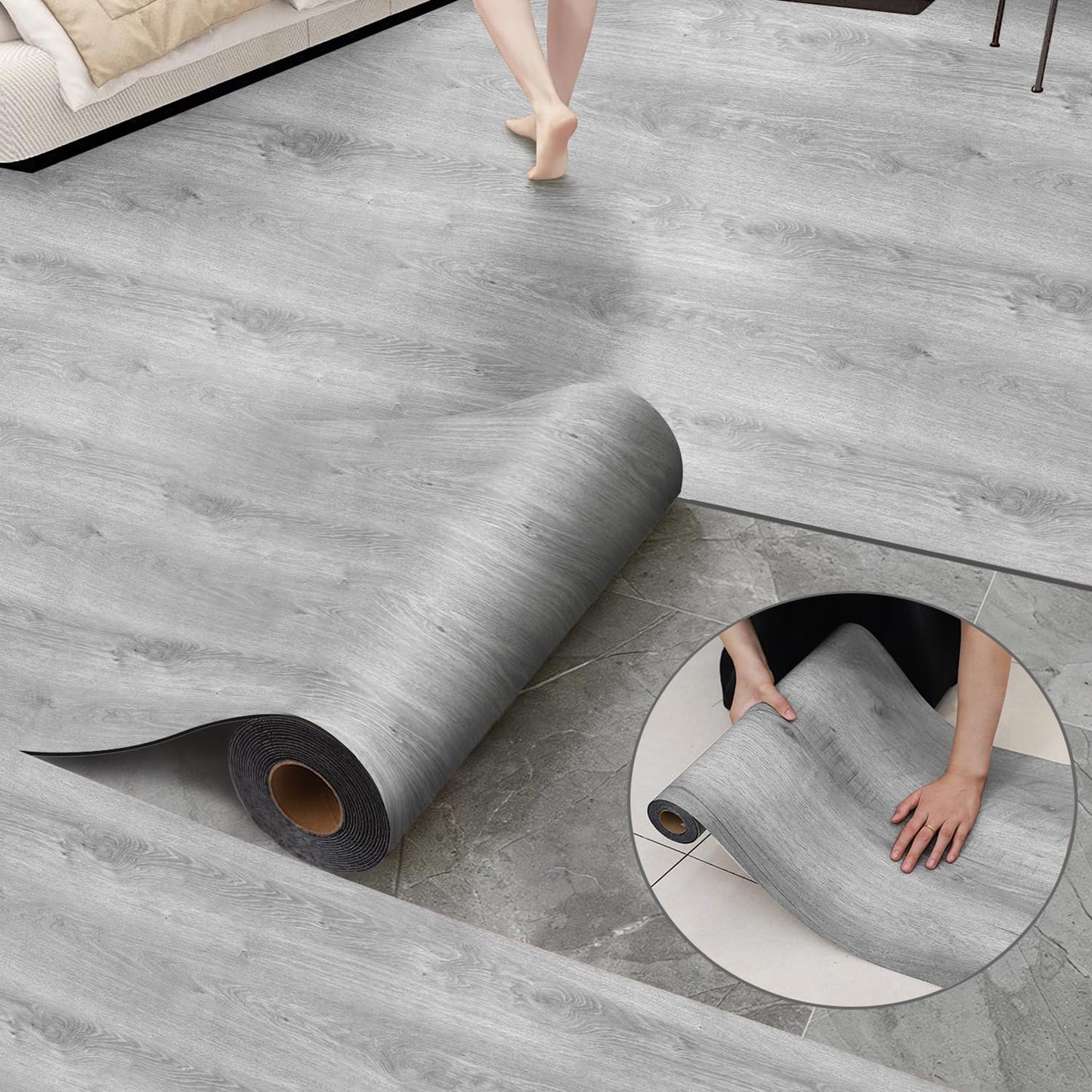 Luxury Thicken Wood Grain Peel and Stick Floor Tiles Self-Adhesive Vinyl Flooring Roll-DIY Easy for Wall and Floor,Hard Surface/Waterproof/Anti Slip (Light Gray Vinyl Flooring, 17.72 "W x 393.7" L)