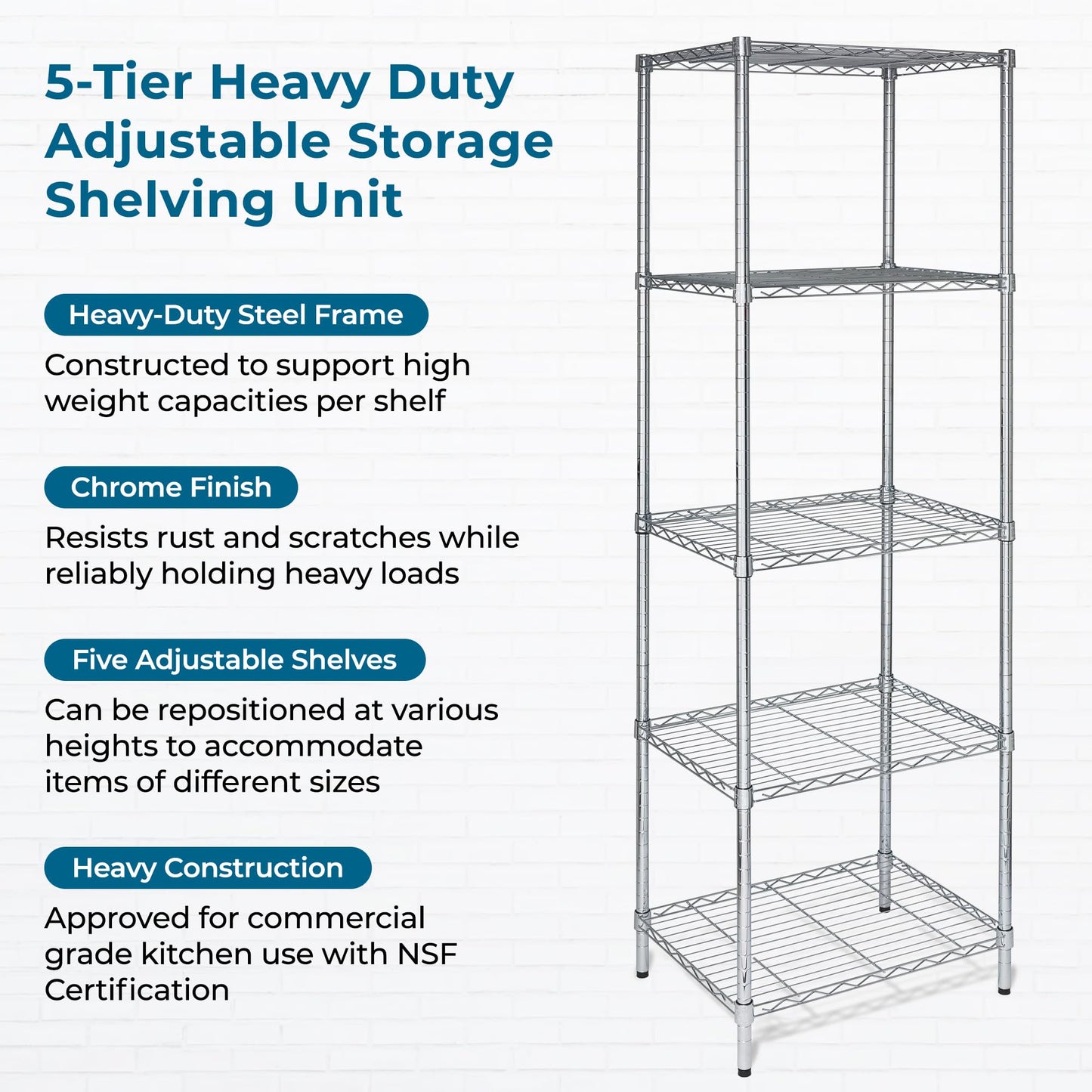 Honey-Can-Do 5-Tier Heavy Duty Adjustable Shelving Unit, 250-lb Per Shelf NSF Certified Metal Storage Rack, Chrome Wire Shelf for Kitchen Pantry Garage, 24 x 18 x 72 in
