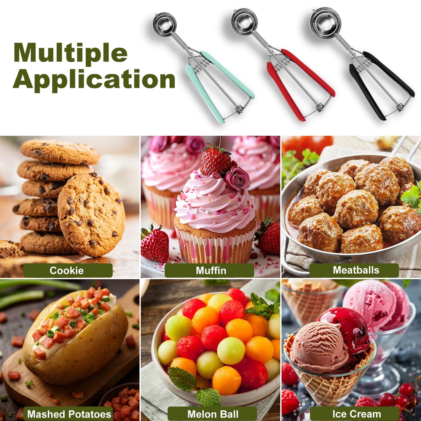 Premium Cookie Scoop, Stainless Steel Cookie Scoops for Baking, Ice Cream Scoop with Trigger, Ice Cream Scooper With Non-slip Grip, Cookie Dough Scoop for Melon Baller, Muffin Scoop, Meatball Scoop