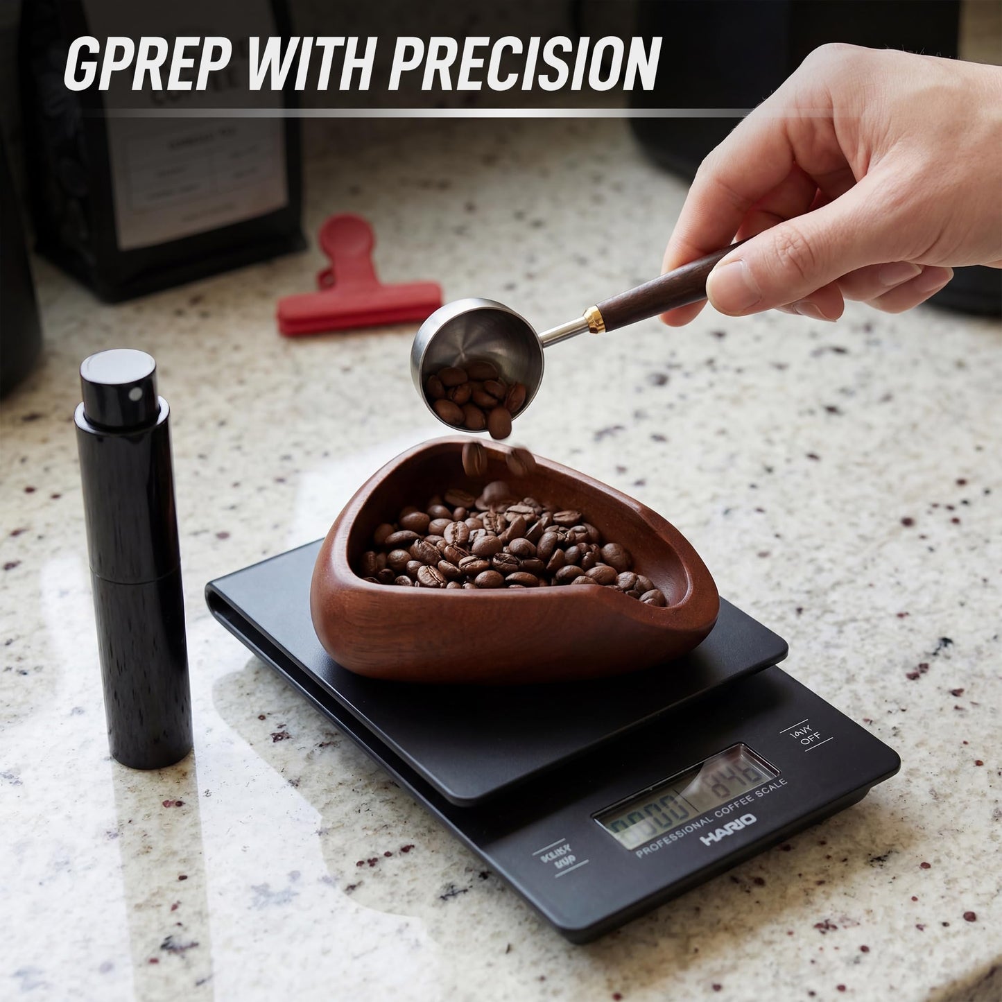 Coffee Bean Dosing Cup and Spray Bottle Set Black Walnut Espresso Accessories Kit with Static Reduction Spray Bottle Wooden Measuring Tray for Coffee Beans Grounds Tea