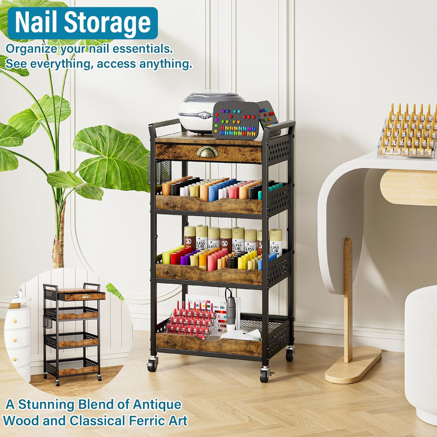 DYUTFZU 4-Tier Rolling Cart Organizer, Industrial Aesthetics Wood & Metal Utility Storage Cart with Pegboard, Drawer, Hanging Basket & Hooks for Kitchen, Craft Room, Bedroom, Bathroom, Coffee Station