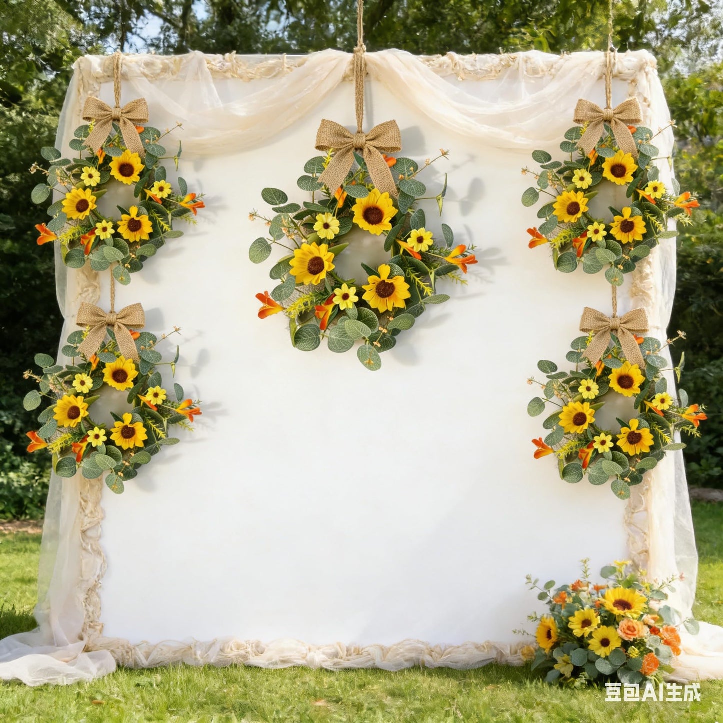 6 Pcs Summer Sunflower Mini Hanging Wreaths for Cabinets Artificial Small Candle Ring Wreaths with Daisy Flower and Eucalyptus Leaves for Home Kitchen Front Door Window Farmhouse Porch Wall Decor