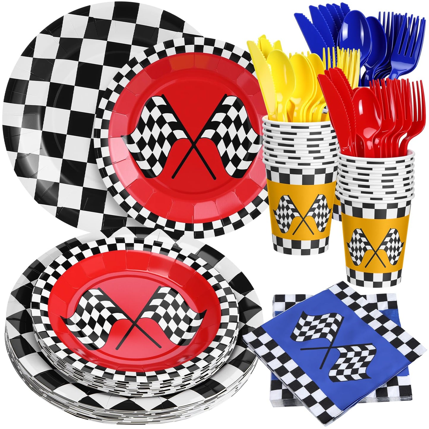 120 Pcs Race Car Birthday Decorations Fast One Party Tableware Set Blue Red Yellow Checker Flag Party Supplies If You Ain't First You're Last Paper Plates Napkin Cups Forks Knives Spoon for 24 Guest