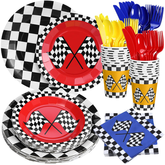 120 Pcs Race Car Birthday Decorations Fast One Party Tableware Set Blue Red Yellow Checker Flag Party Supplies If You Ain't First You're Last Paper Plates Napkin Cups Forks Knives Spoon for 24 Guest